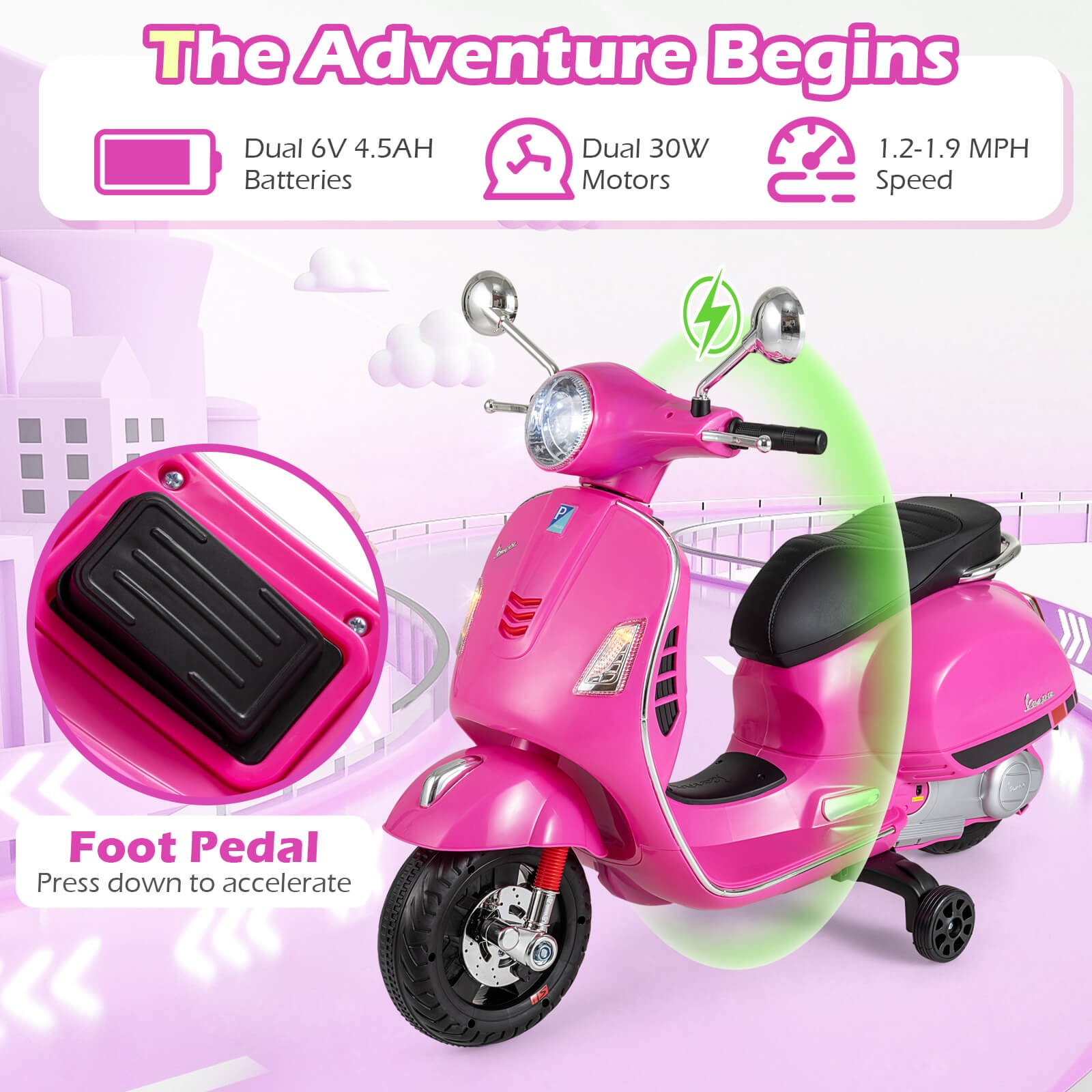 Licensed VESPA 12V Kids Electric Motorcycle w/Music Horn Story Training Wheels