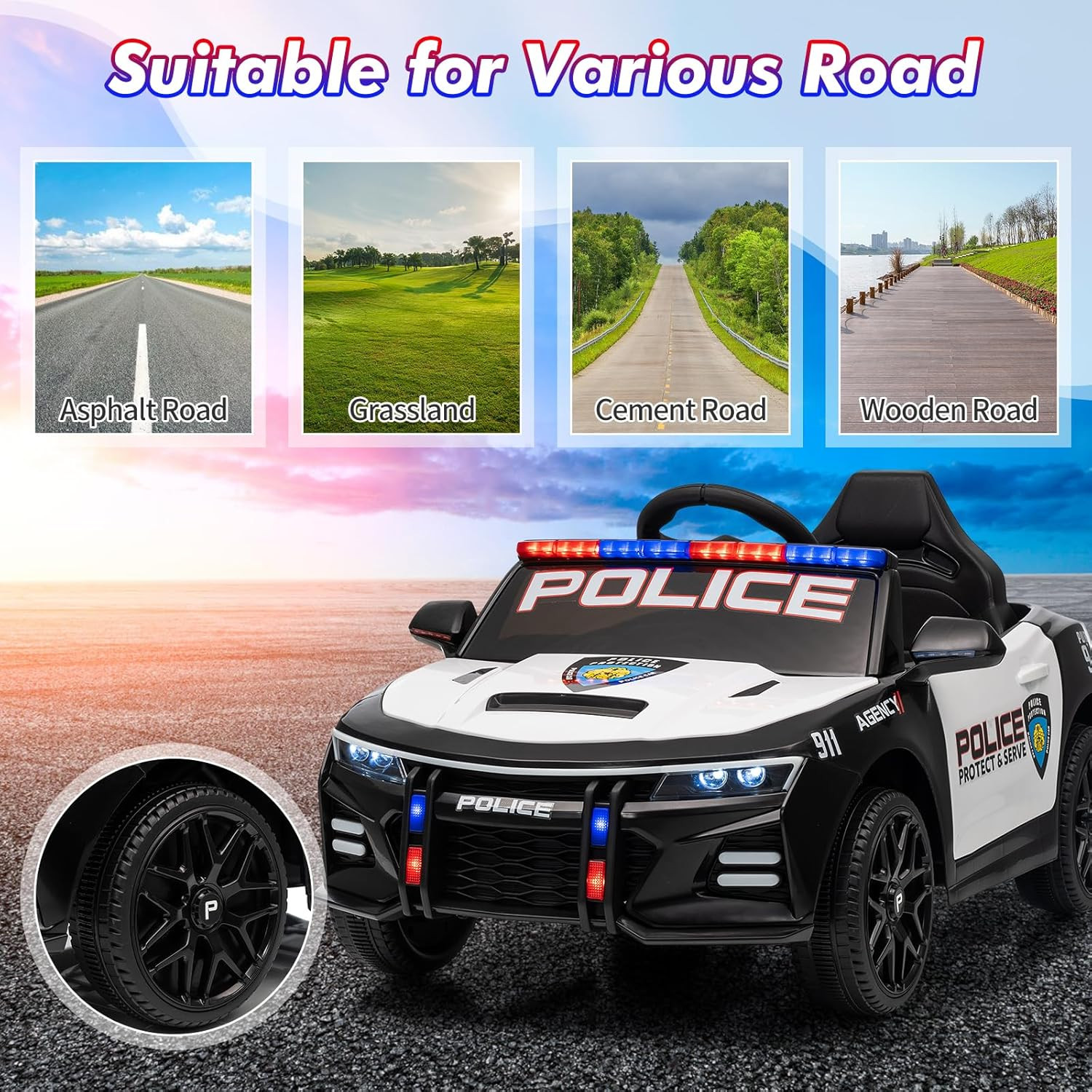 Police Car Ride on Car for Kids, Battery Powered Ride-On Toys Cop Cars with Remo