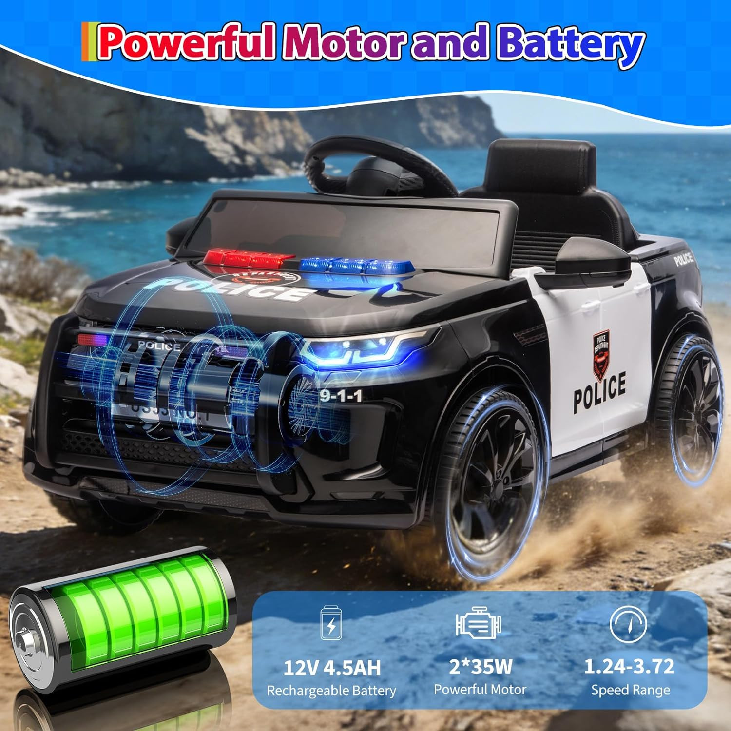 12V Police Car Ride on Electric Car for Kids, Battery Powered Ride-On Toys with