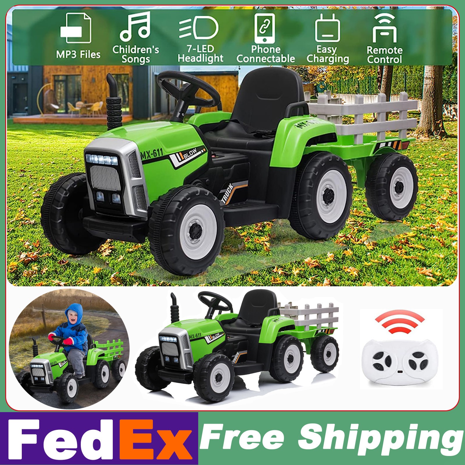 12V Kids Electric Tractor with Trailer Toddler Ride On Car w/ Remote Control