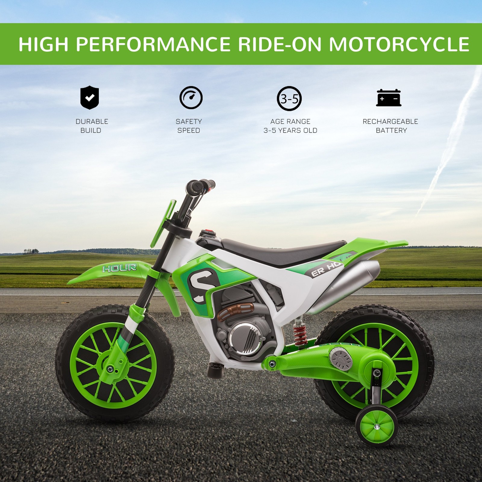 12V Electric Kids Ride On Dirt Bike Motorcycle Toy with Training Wheels Green