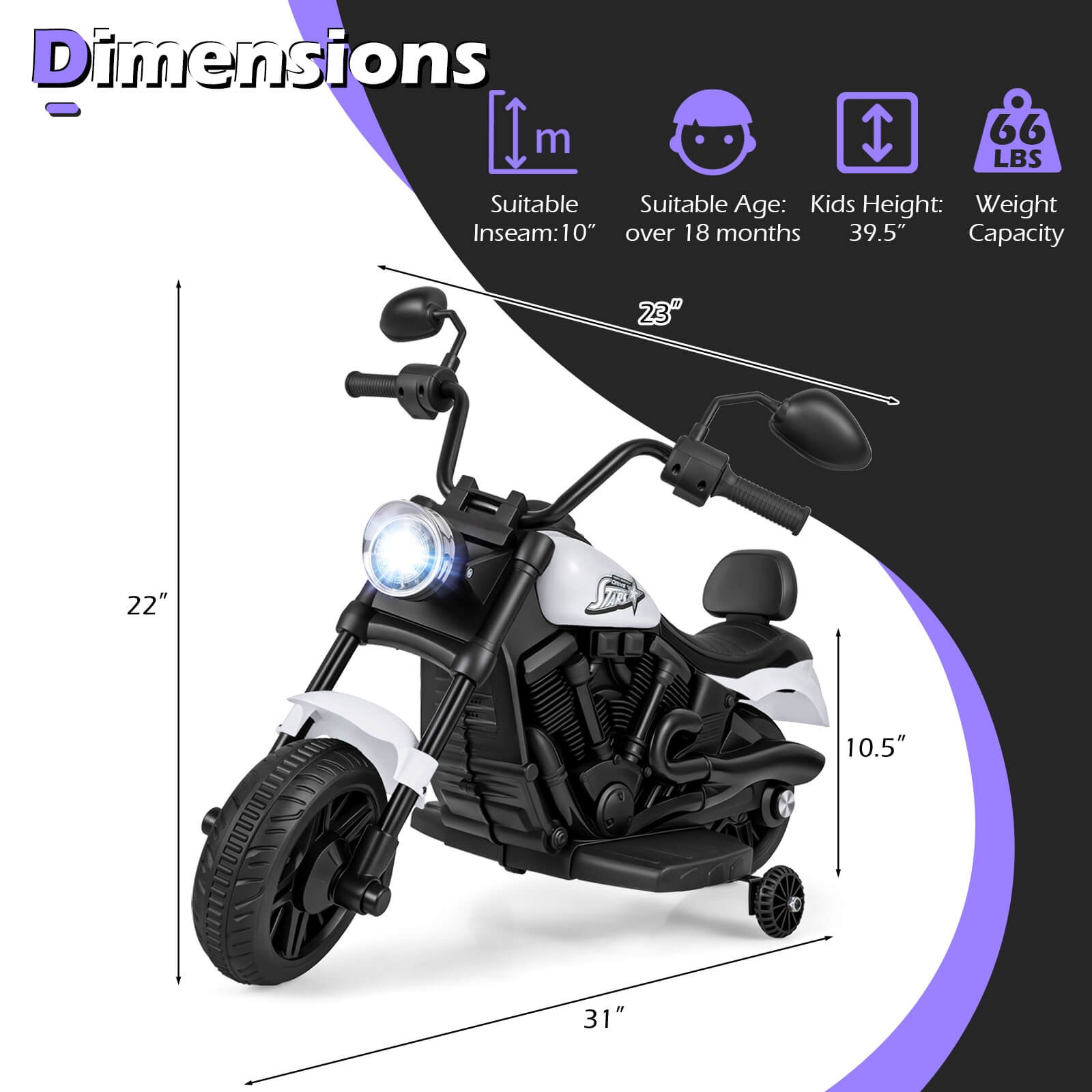 Kids Motorcycle w/Headlight, Music, Training Wheels, Foot Pedal for Boys Girls