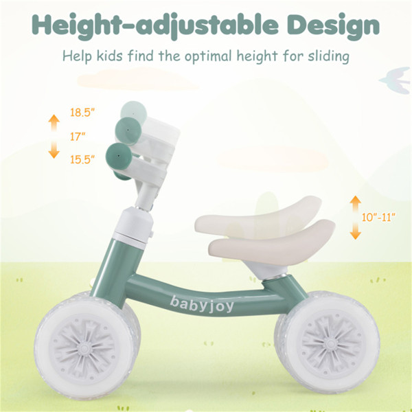 Green Kids 4-Wheel Balance Bike Colorful Light Up Wheels Adjustable Height