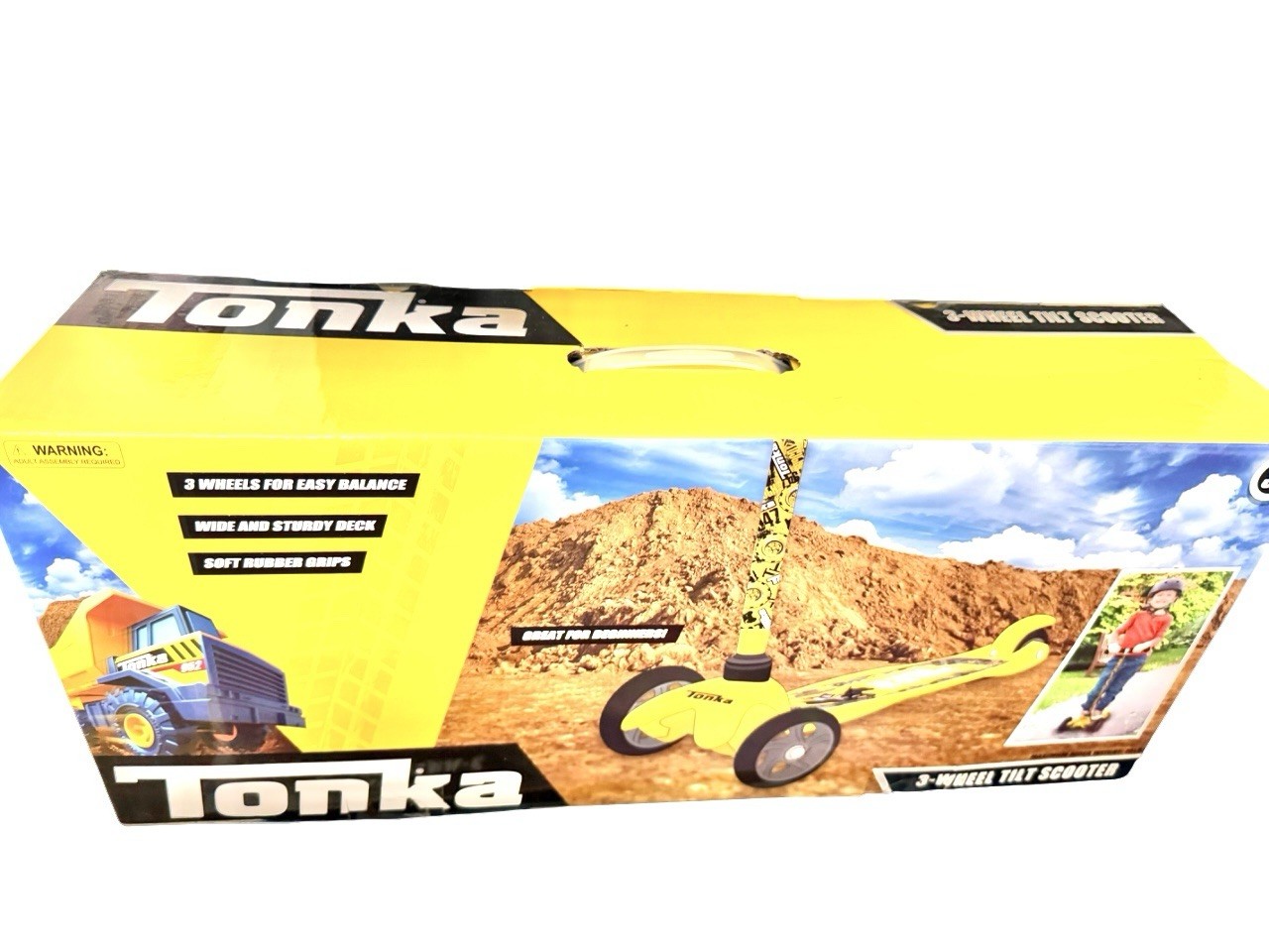 Tonka 3 Wheel Tilt N Turn Outdoor Scooter RARE Cars John Deer Yellow Age 3+ NIB