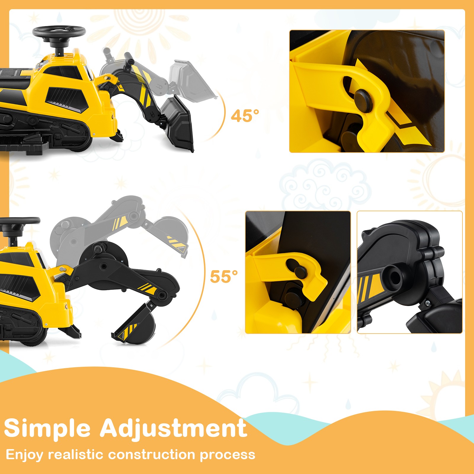 6V Ride on Tractor 3-in-1 Electric Excavator w/ Adjustable Arms Music Yellow Toy