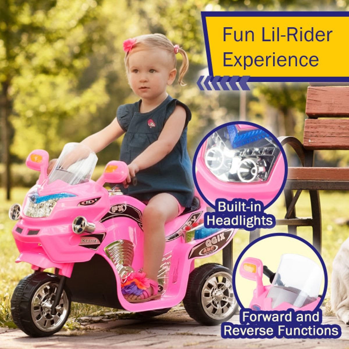 Lil’ Rider Kids Motorcycle – 3-Wheel Ride On Toy Reverse Sounds And Headlights