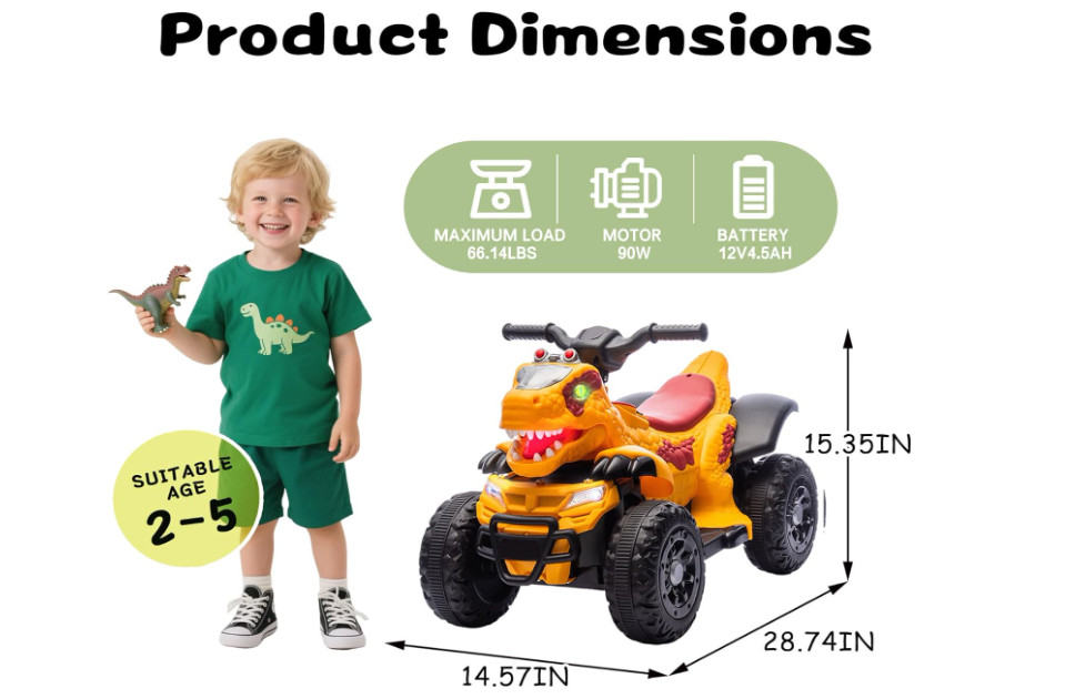 12V Dinosaur Ride-On ATV for Kids, Electric 4 Wheeler Quad Car w/ MUSIC,BT & LED