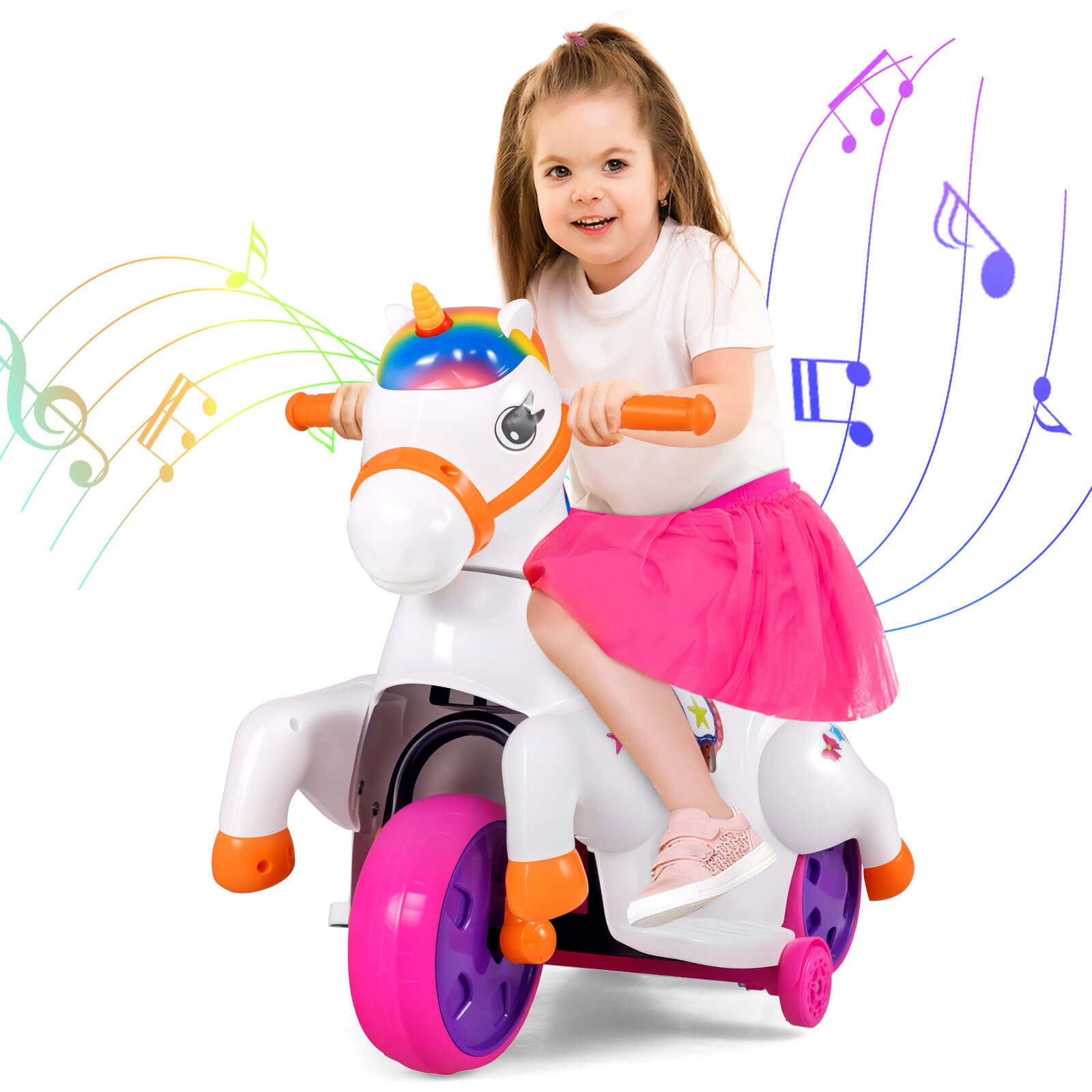 12V Kids Ride on Unicorn Toy w/ Training Wheels Music One-button Start Horse Toy
