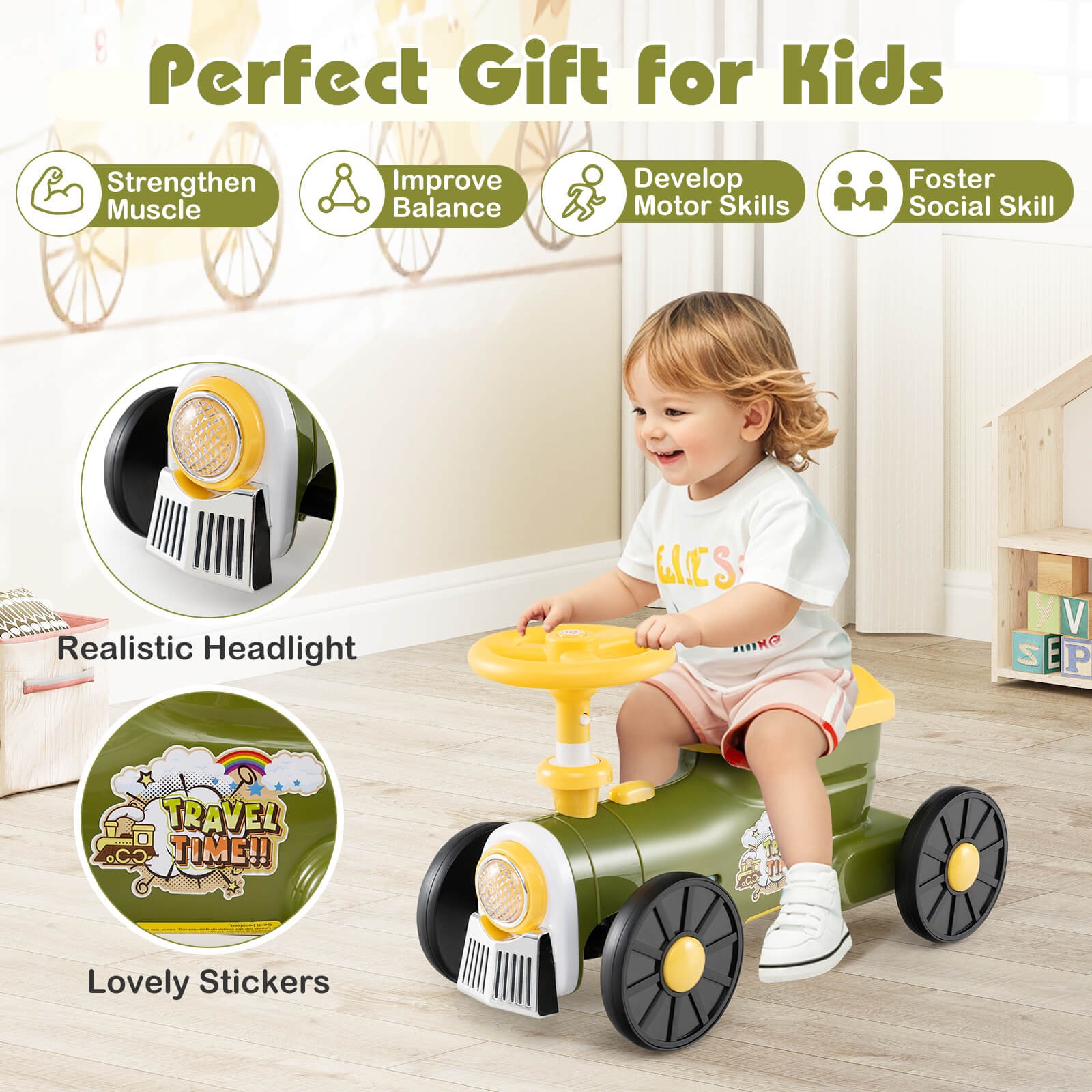 Ride on Push Car w/ Storage Compartment & Train Whistle Sound Button