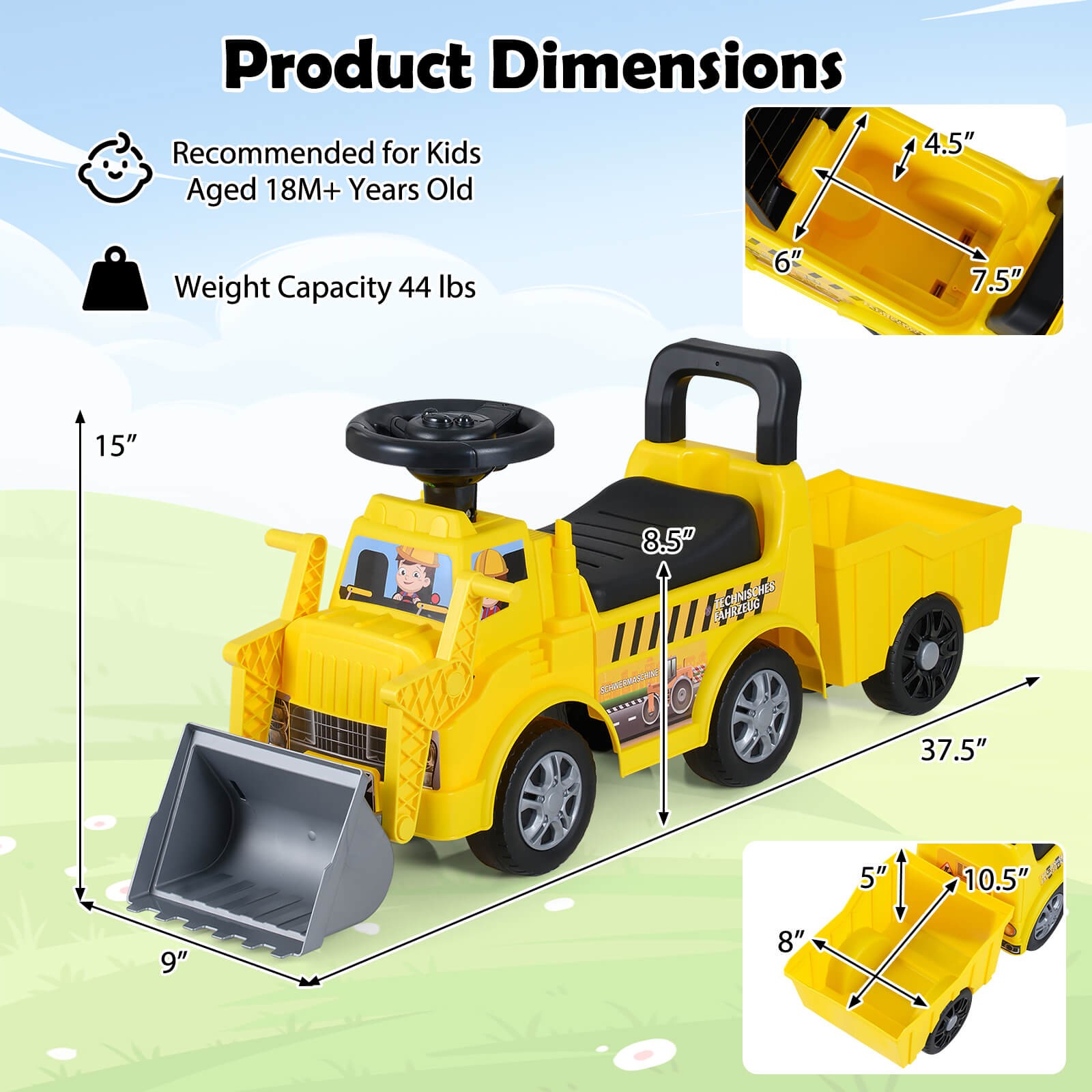 2-in-1 Ride on Excavator w/Detachable Trailer, Shovel, Horn for 18 Months+ Old