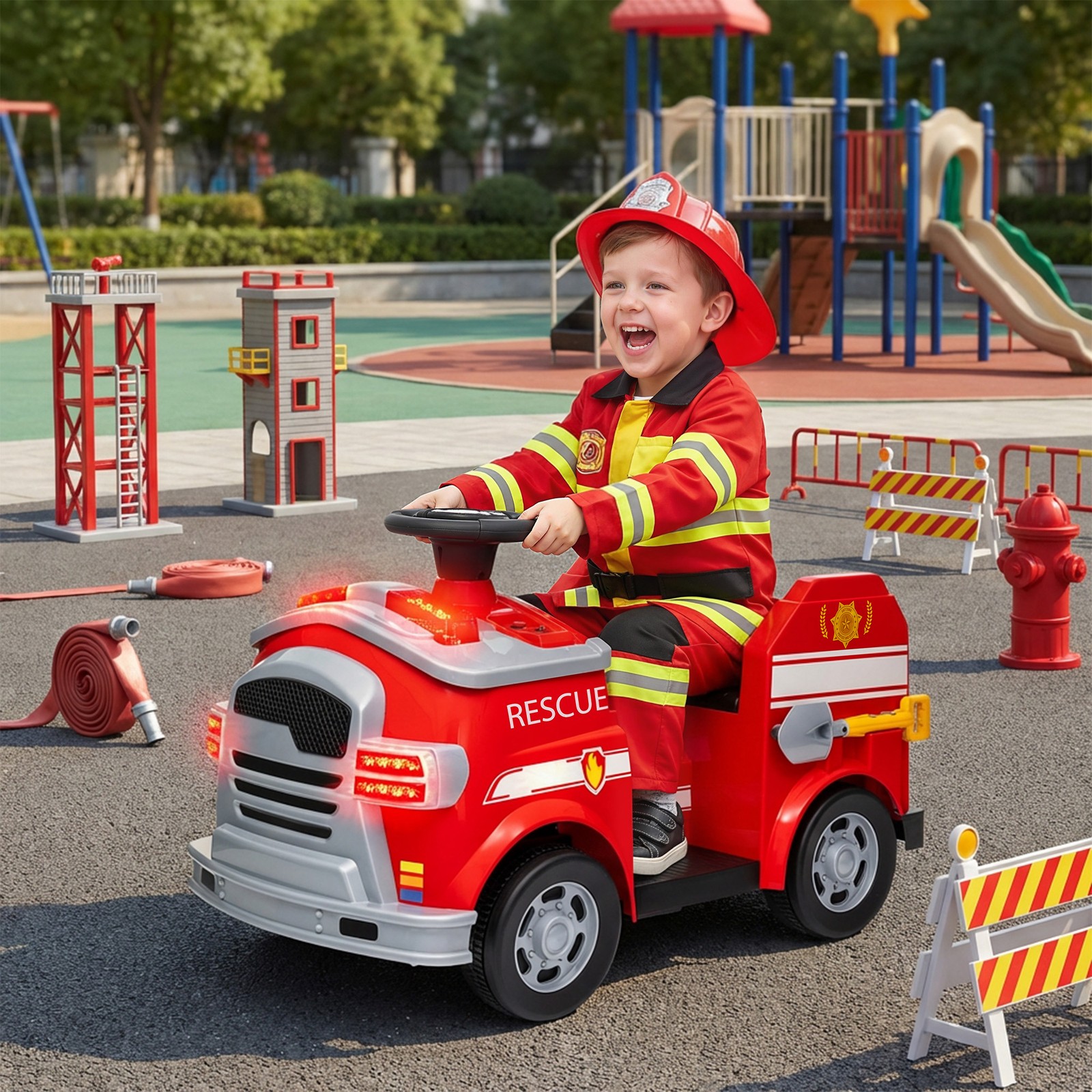 12V Ride on Fire Truck w/ Siren, Flashing Lights