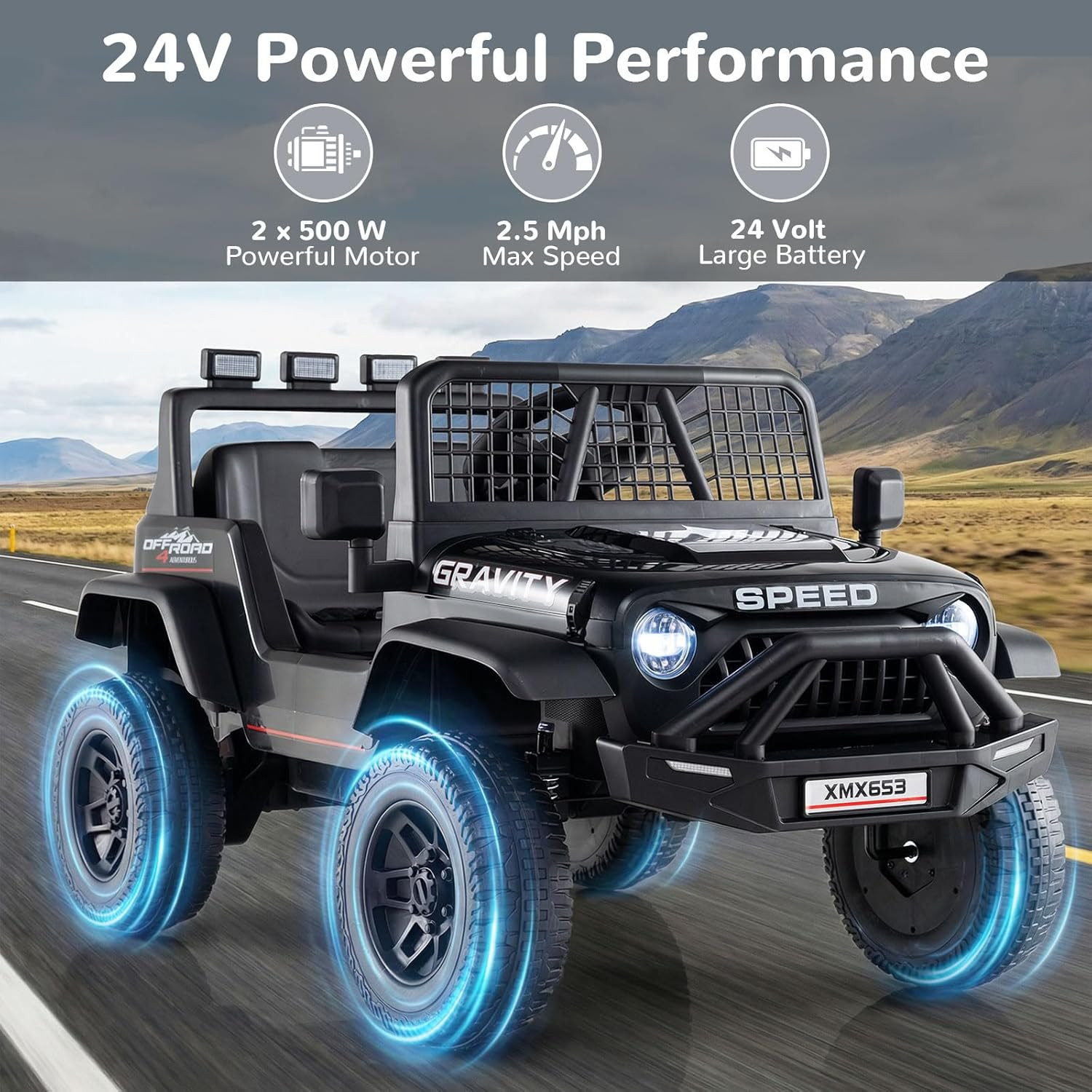 24V Ride on Car with Remote Control, Bluetooth, LED Lights, Horn, Spring Suspens