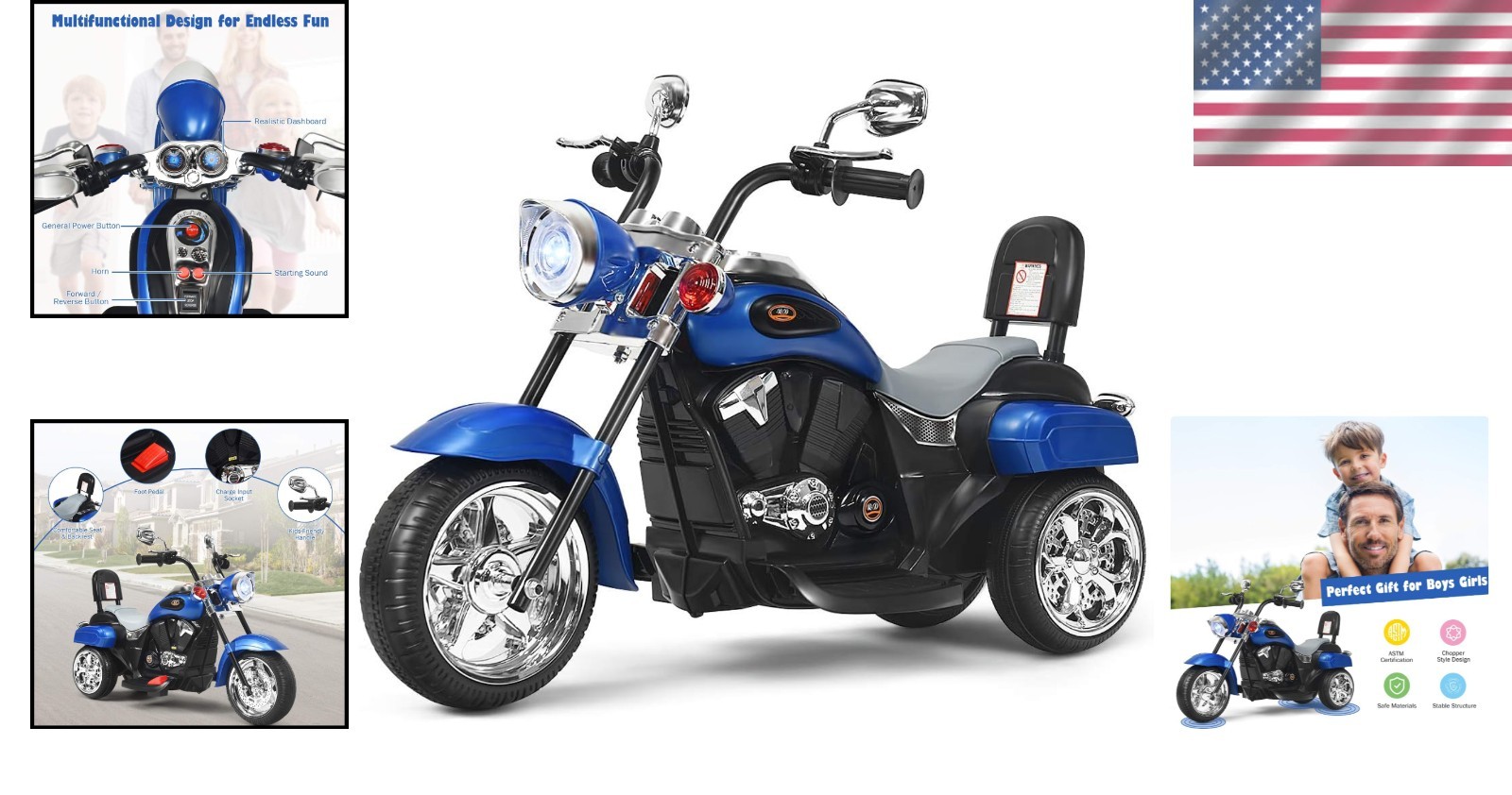 Gift for Boys Girls: 3-Wheel Electric Motorcycle, Blue