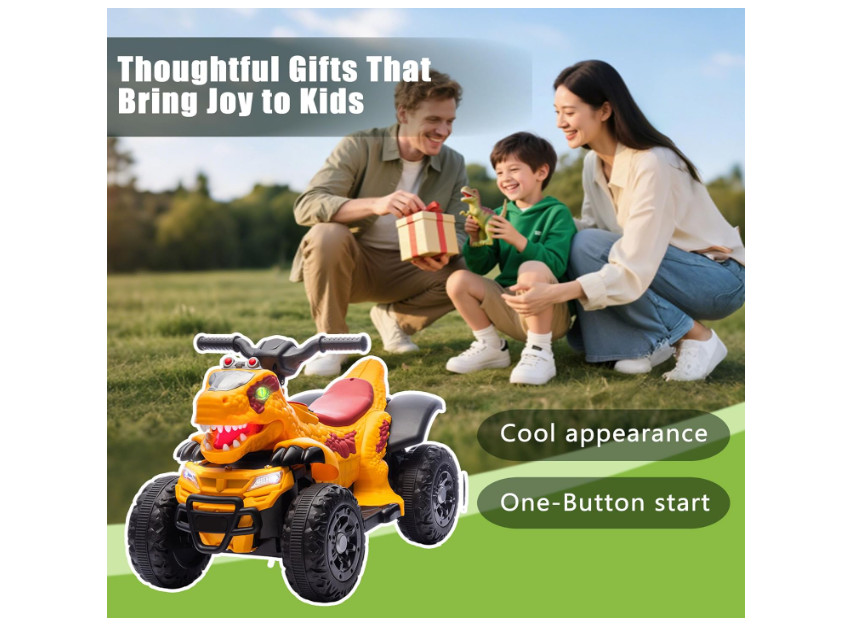12V Dinosaur Ride-On ATV for Kids, Electric 4 Wheeler Quad Car w/ MUSIC,BT & LED