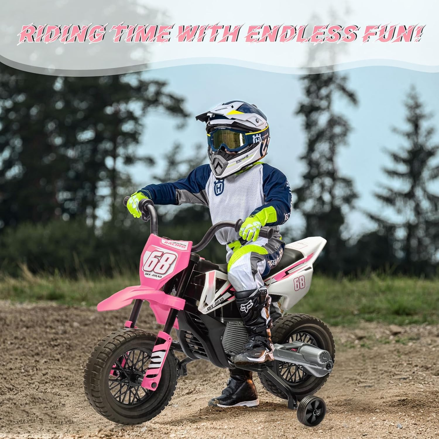 12V Kids Electric Dirt Bike with Training Wheels, Twist Grip Throttle, 3 Mph Max