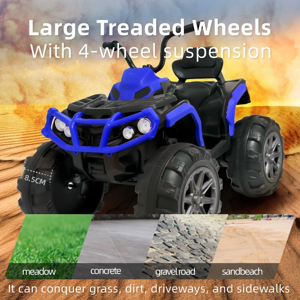24V Blue Kids Ride on ATV Electric Power Wheels Quad Car w/2-Speed Bluetooth LED