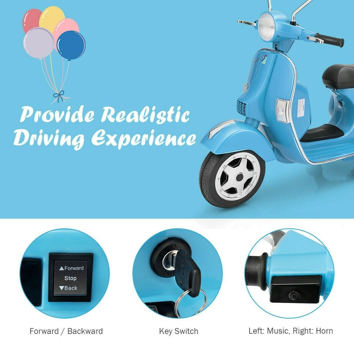 6V Kids Ride on Vespa Scooter Motorcycle with Headlight