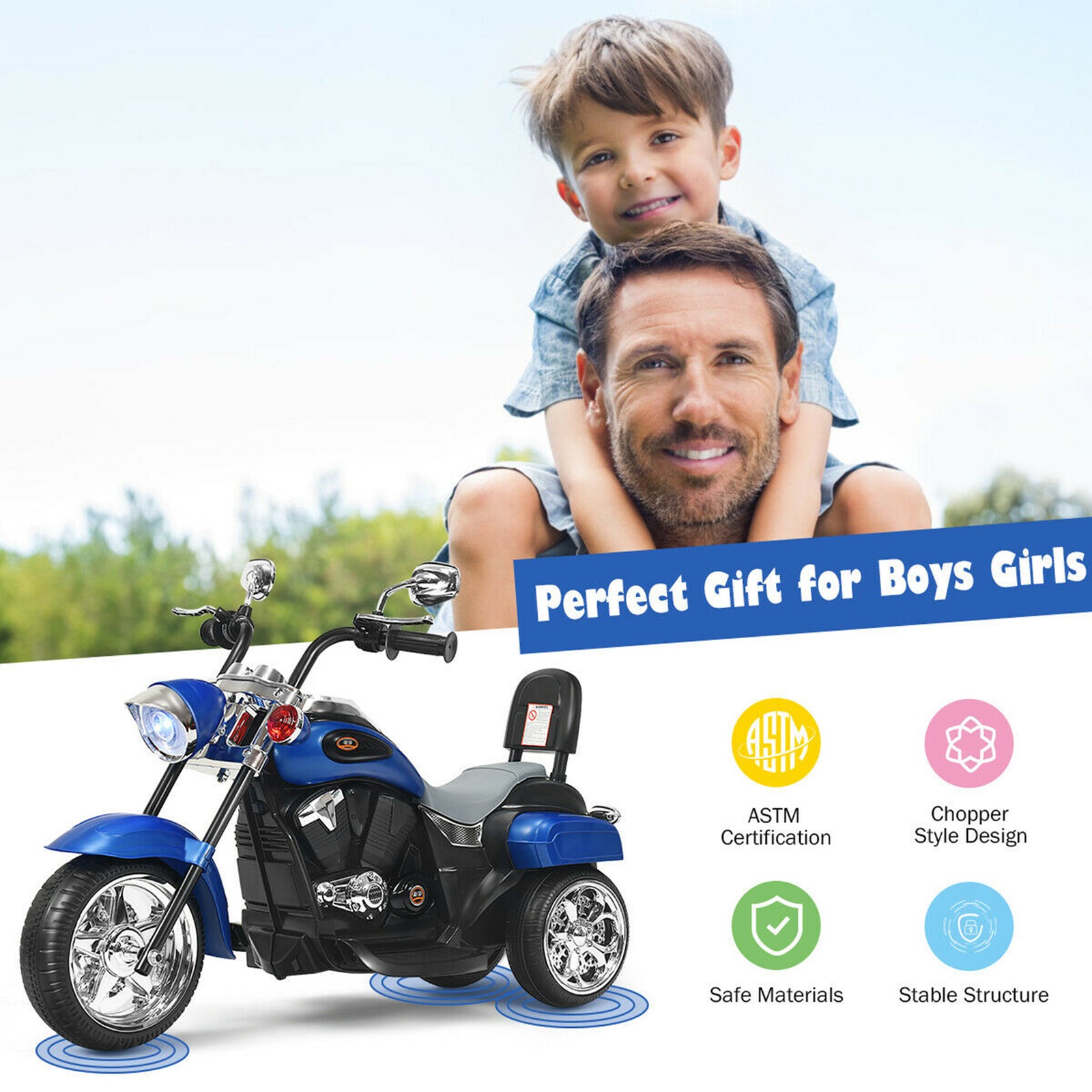 6V Kids Ride On Chopper Motorcycle 3 Wheel Trike with Headlight Blue