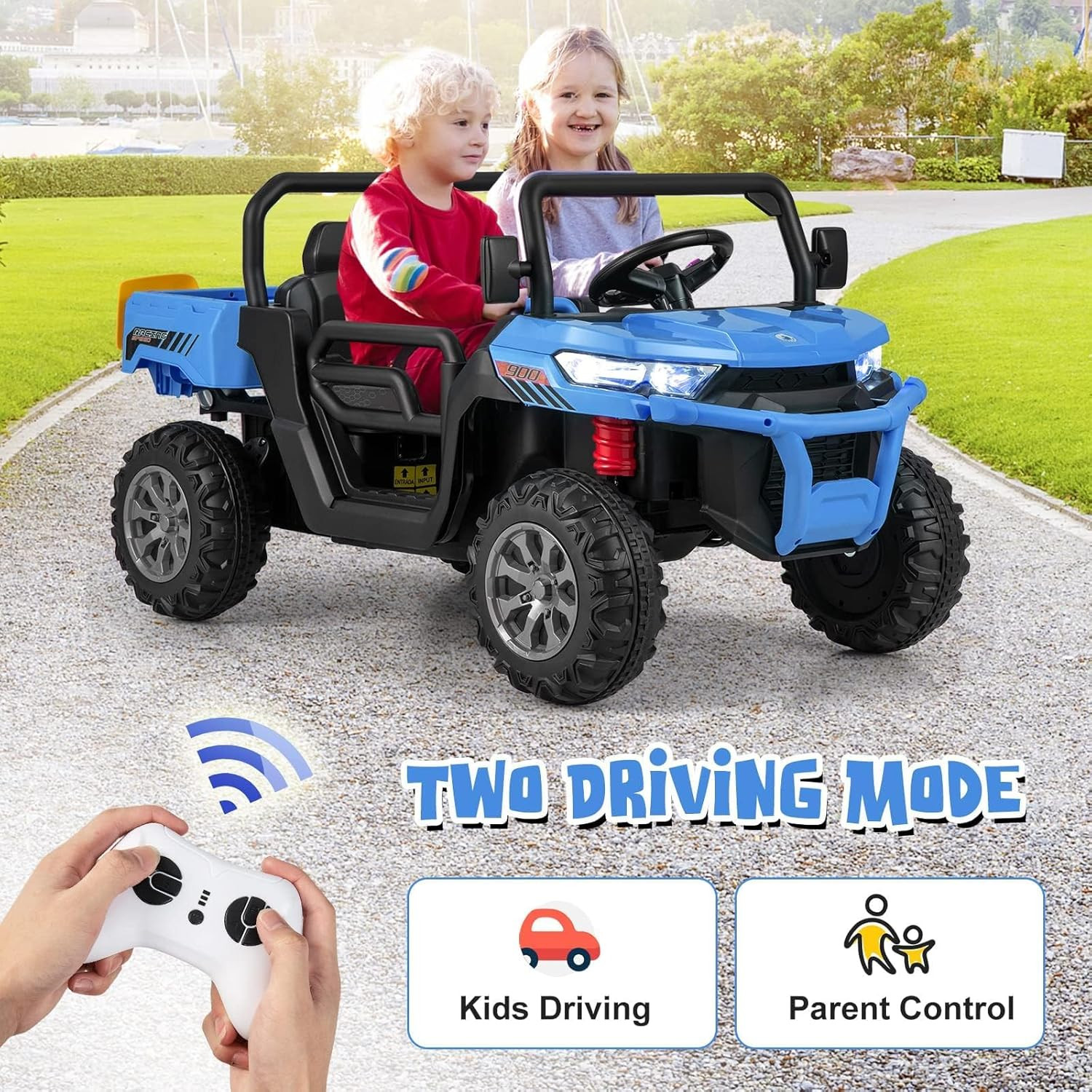2 Seater Ride on Car, 12V Off-Road UTV Electric Vehicle with Remote Control, Dum
