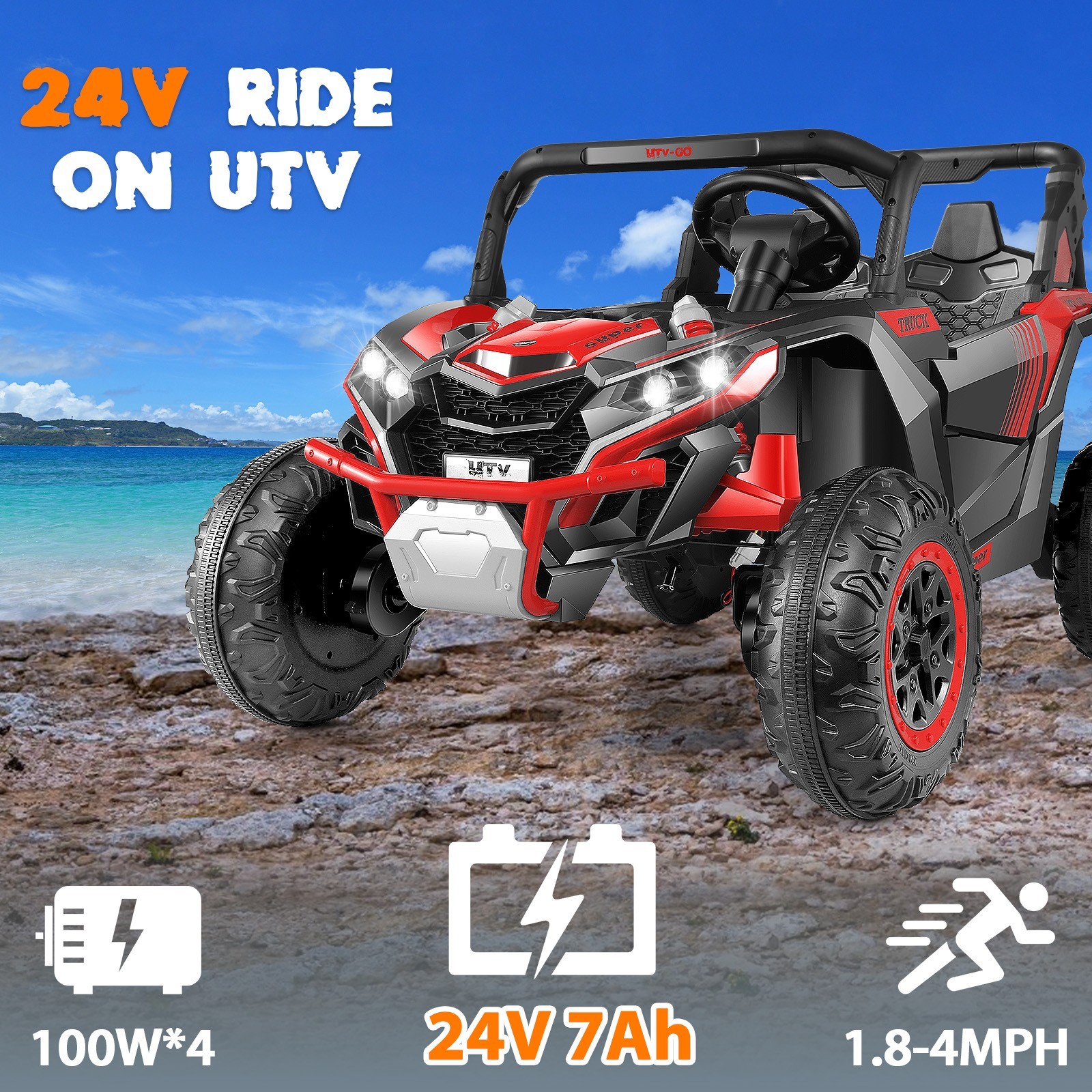 24V Kids Electric Car, 2 Seater Ride on UTV with Remote Control Bluetooth Gift!