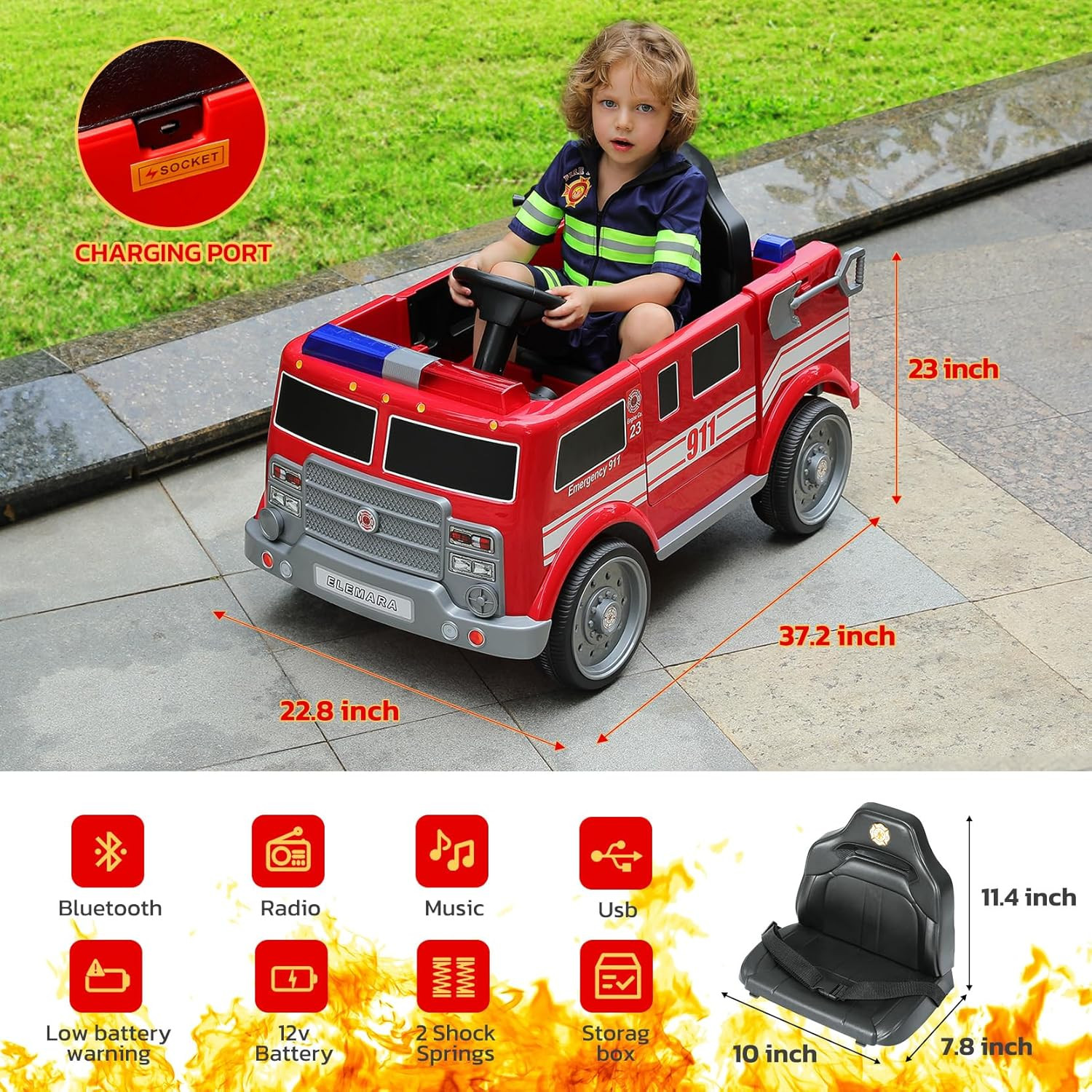 12V Ride on Fire Truck, Battery Powered Toddler Electric Vehicle W/Parent Remote