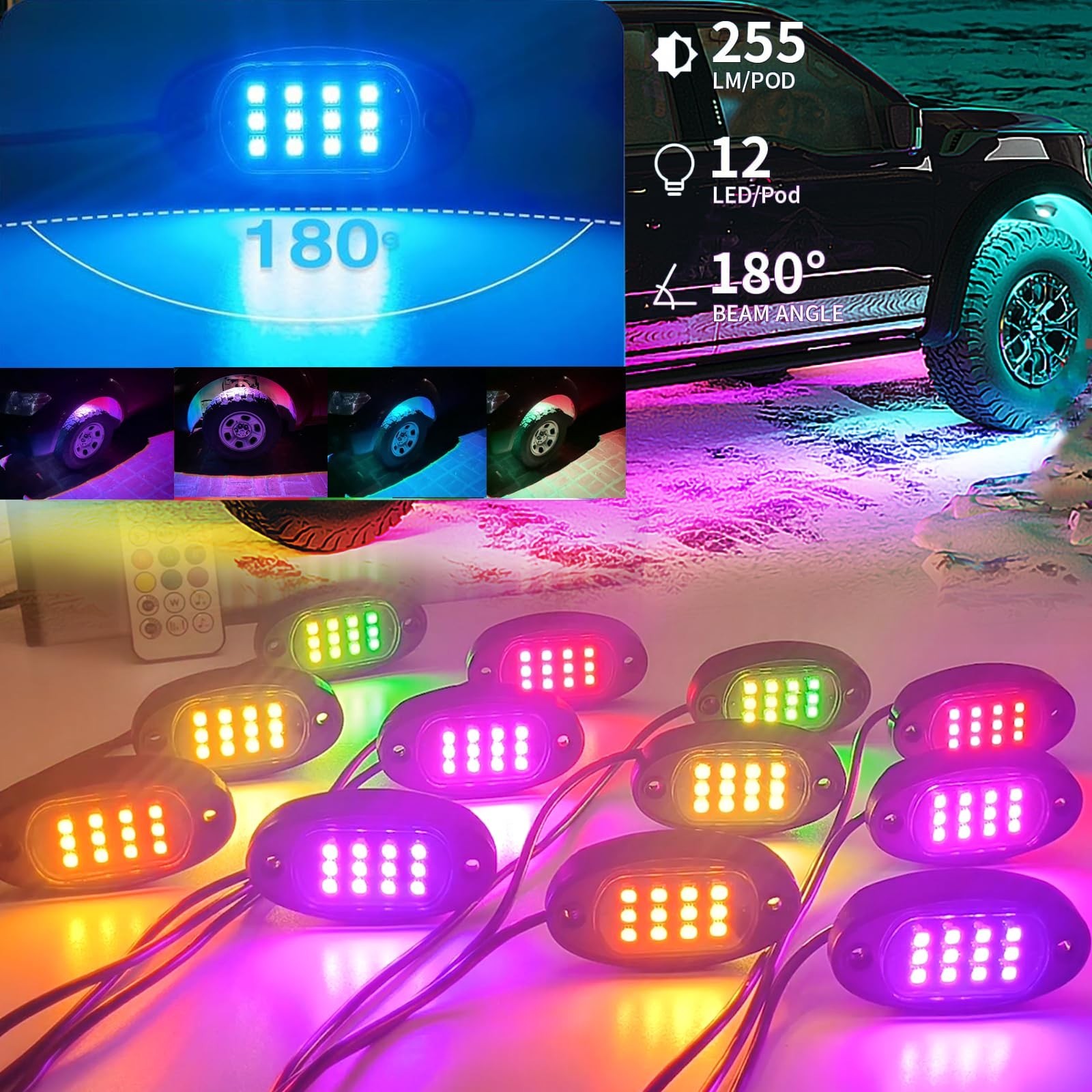 6 Pods RGB+IC LED Rock Lights for UTV ATV Golf Cart Truck SXS SUV RZR, Music …