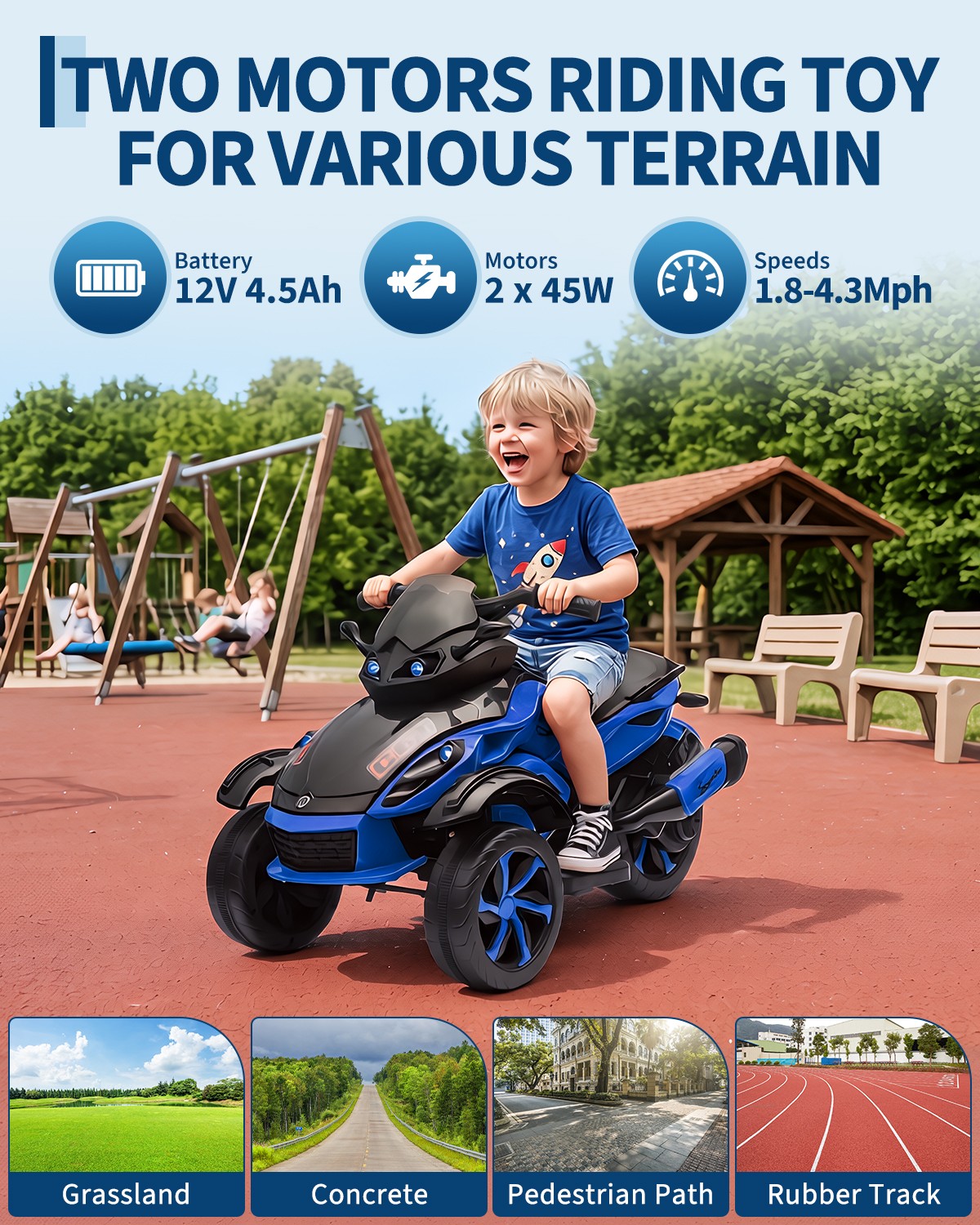12V Kids Ride on ATV 3 Wheeler Electric Motorcycle LED Lights & Music Ages 3-8