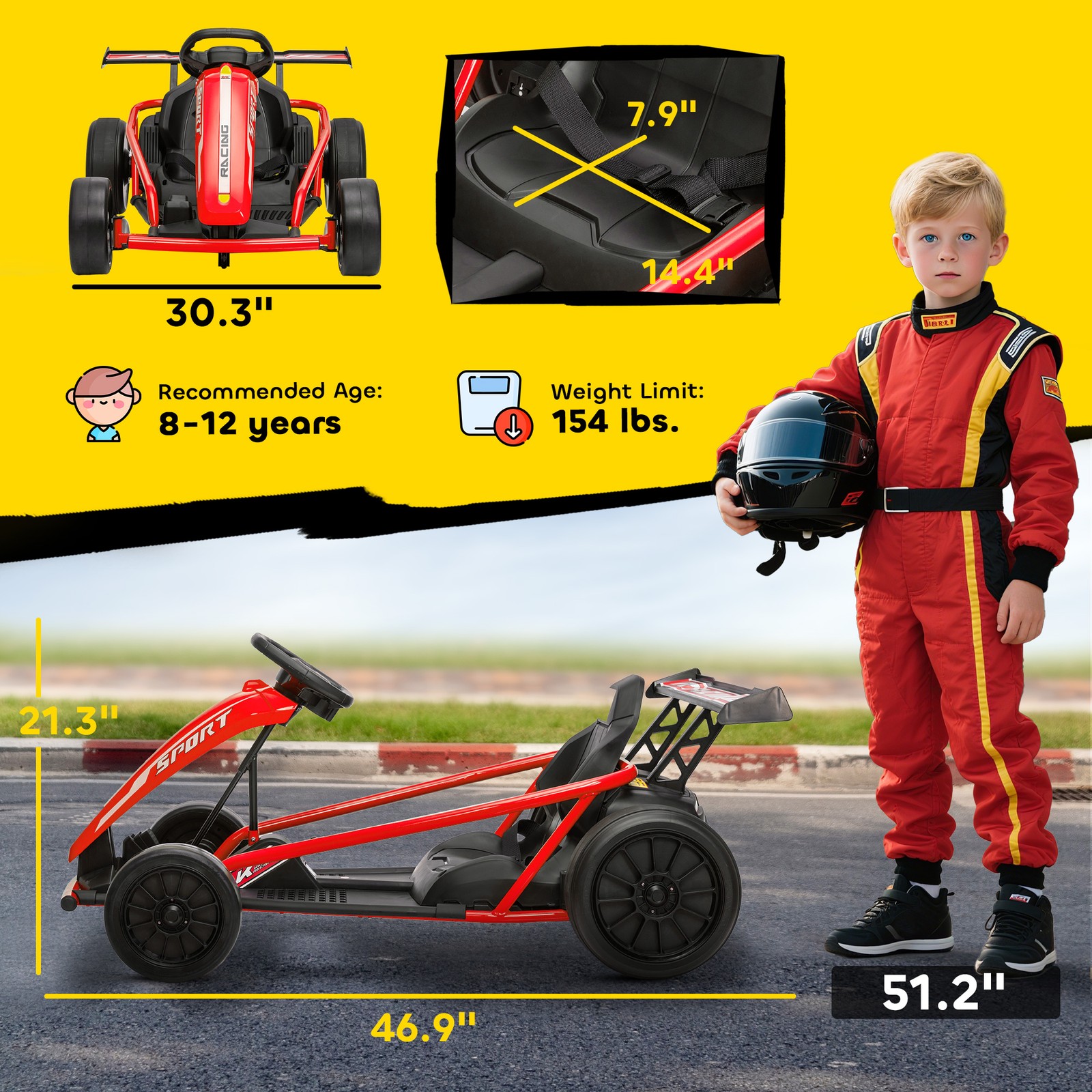 24V 8.1 MPH Electric Drift Kart for Kids with Dual Motors, Red
