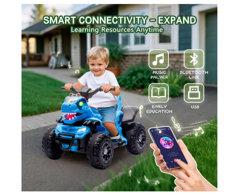 12V Dinosaur Ride-On ATV for Kids, Electric 4 Wheeler Quad Car w/ MUSIC,BT & LED