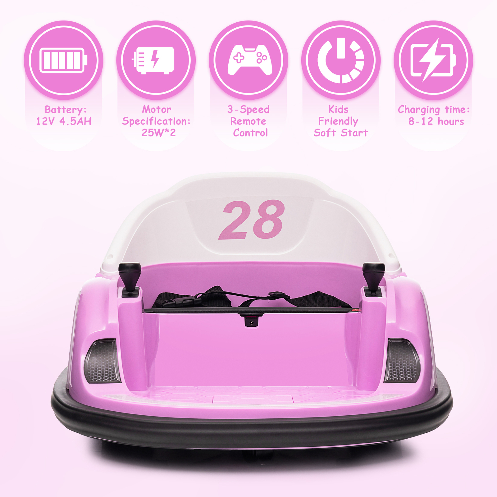 12V Kid Bumper Car, Remote Control, Battery Display, 360 Degree Spin, LED, Music