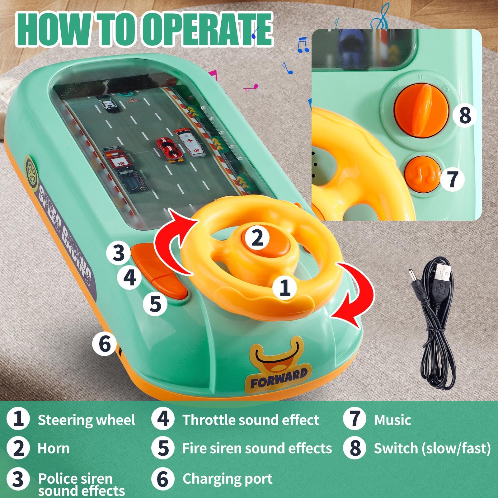 Car Racing Adventure Toy, Musical steering Wheel Racing Car Toy for Kids, Toddle