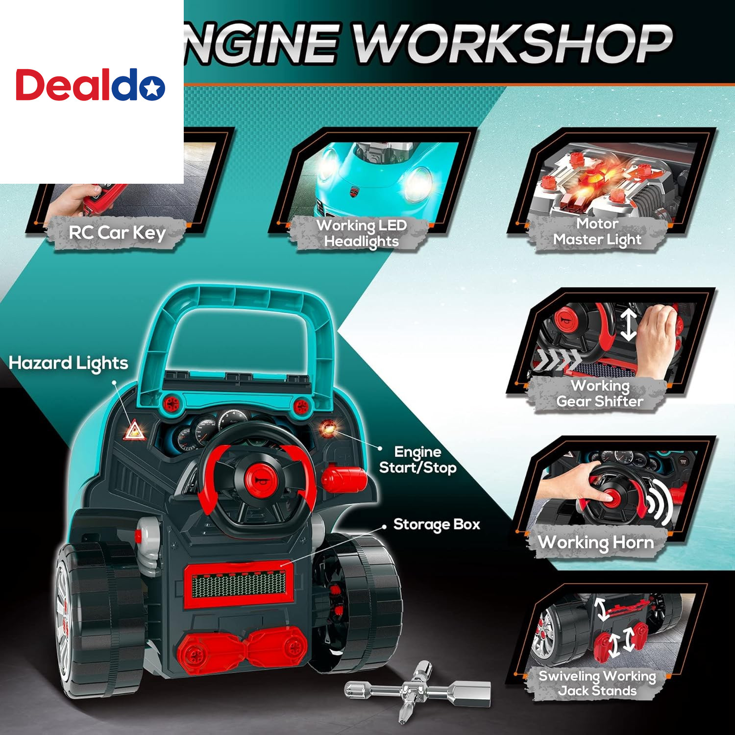 Truck Engine Toy, Kids Mechanic Set with Lights, Sounds, Steering Wheel and Horn