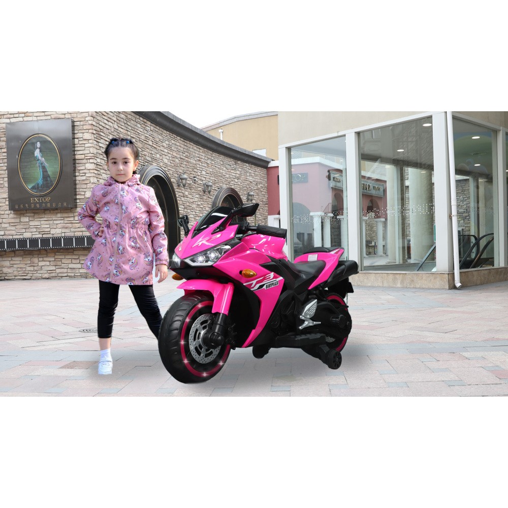 Light Up Wheels 12V Kids Ride On Motorcycle with Training Wheels & Hand Control