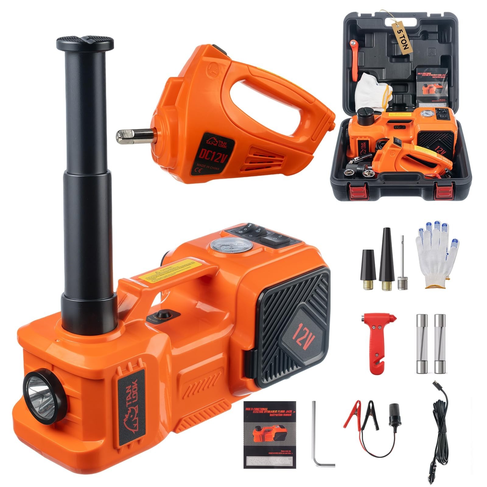 Electric Car Jack Kit with Hydraulic Lift 5-Ton, Tire Inflator & Impact Wrenc…