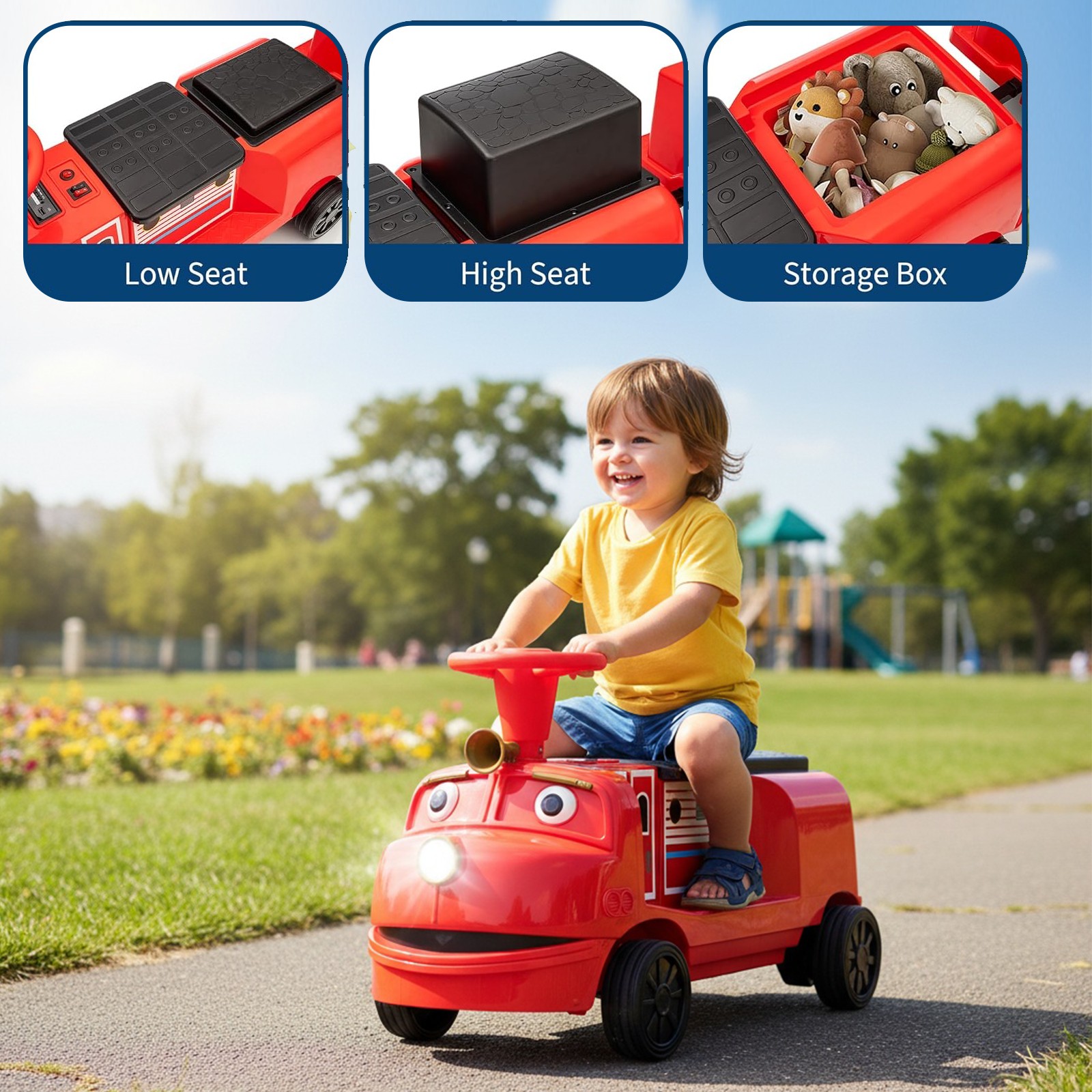 2 Seater Ride On Train Trackless 12V Kids Ride On Toy Car 2 Speed Storage, Music