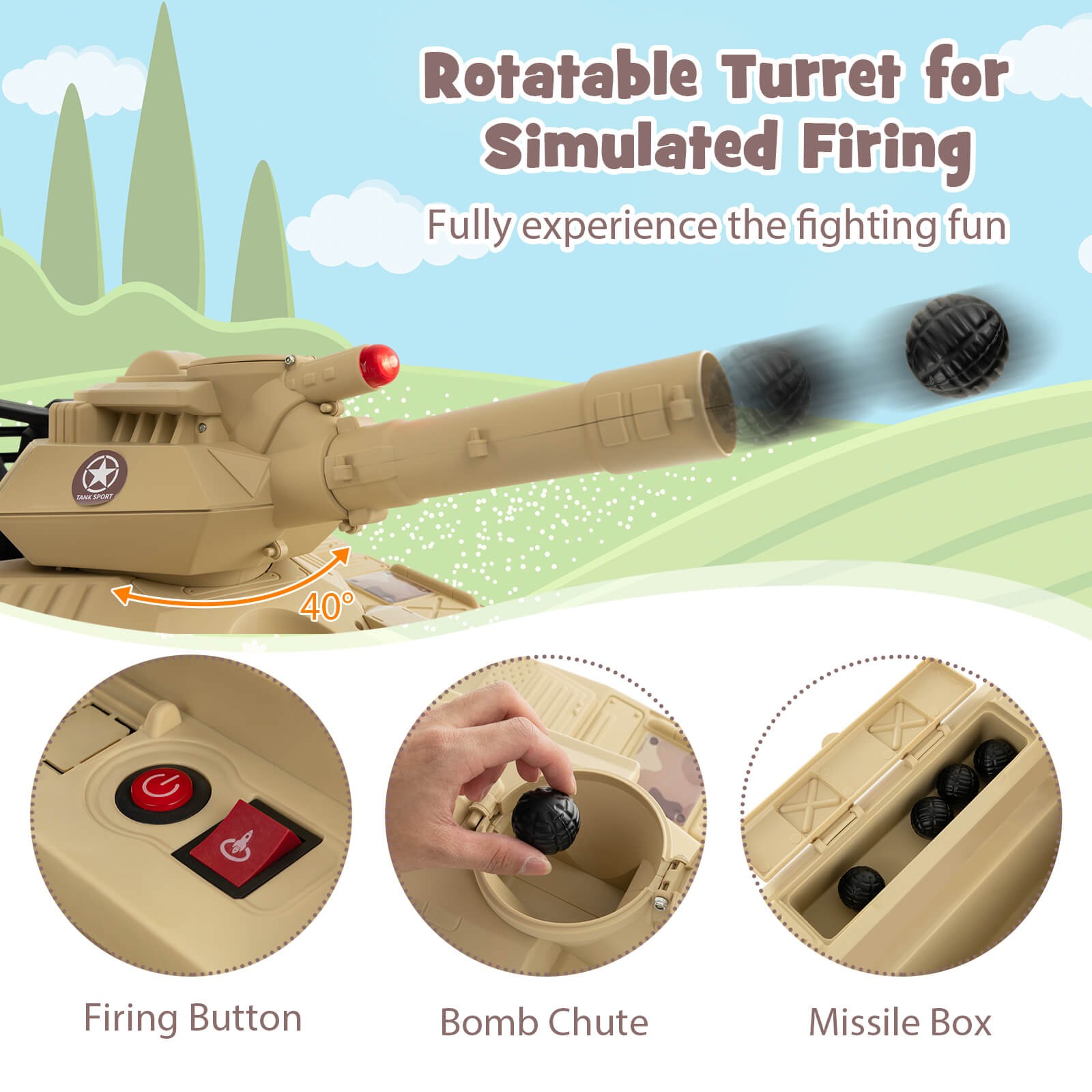 Electric Kids Ride On Tank with Rubber Tracks Rotatable Turret & Working Cannon