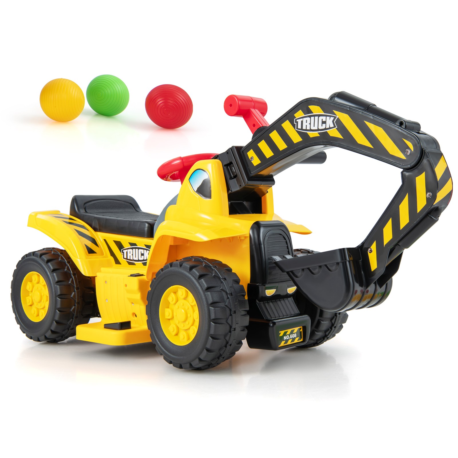 Kids Ride On Excavator 6V Electric Pretend Play Tractor Toy with Basketball Hoop