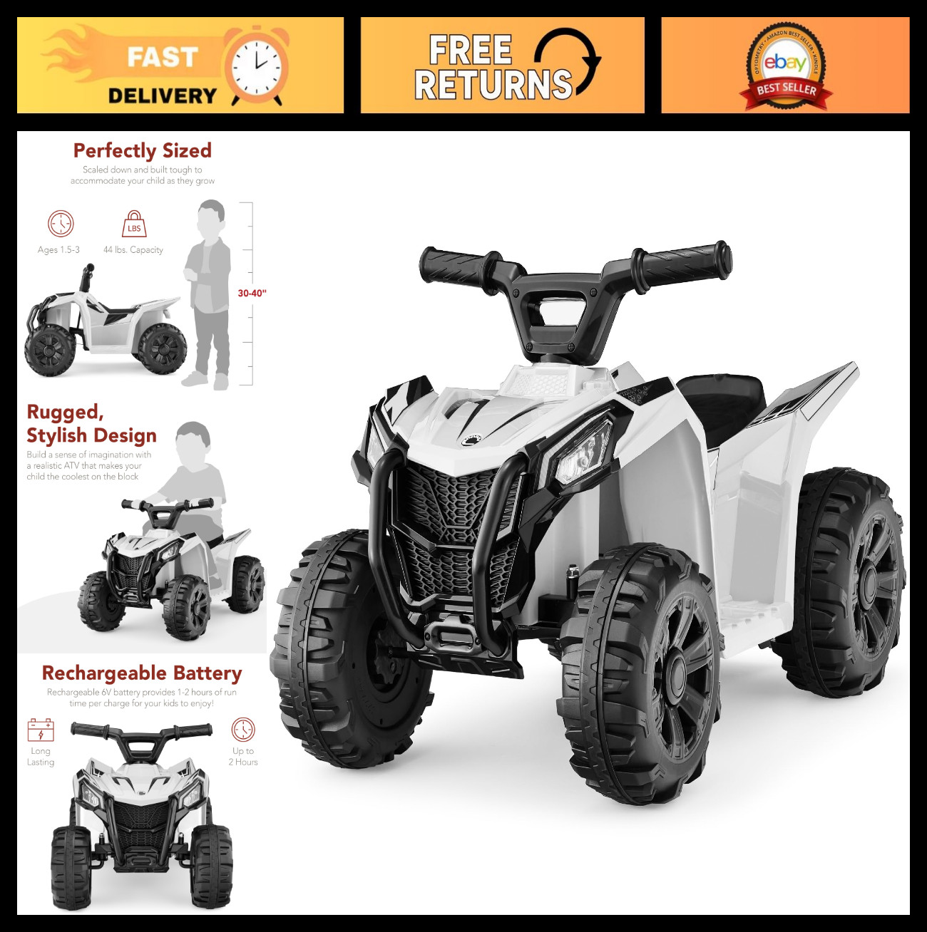 6V Kids Ride On ATV Quad 4-Wheeler Toy Car, 1.8MPH, Treaded Tires, Rubber Handle