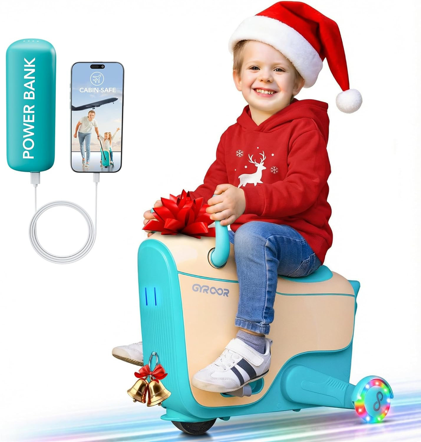 Kids Electric Ride on Car Toy for Ages 4-8, 2-In-1 Airplane Travel Suitcase with