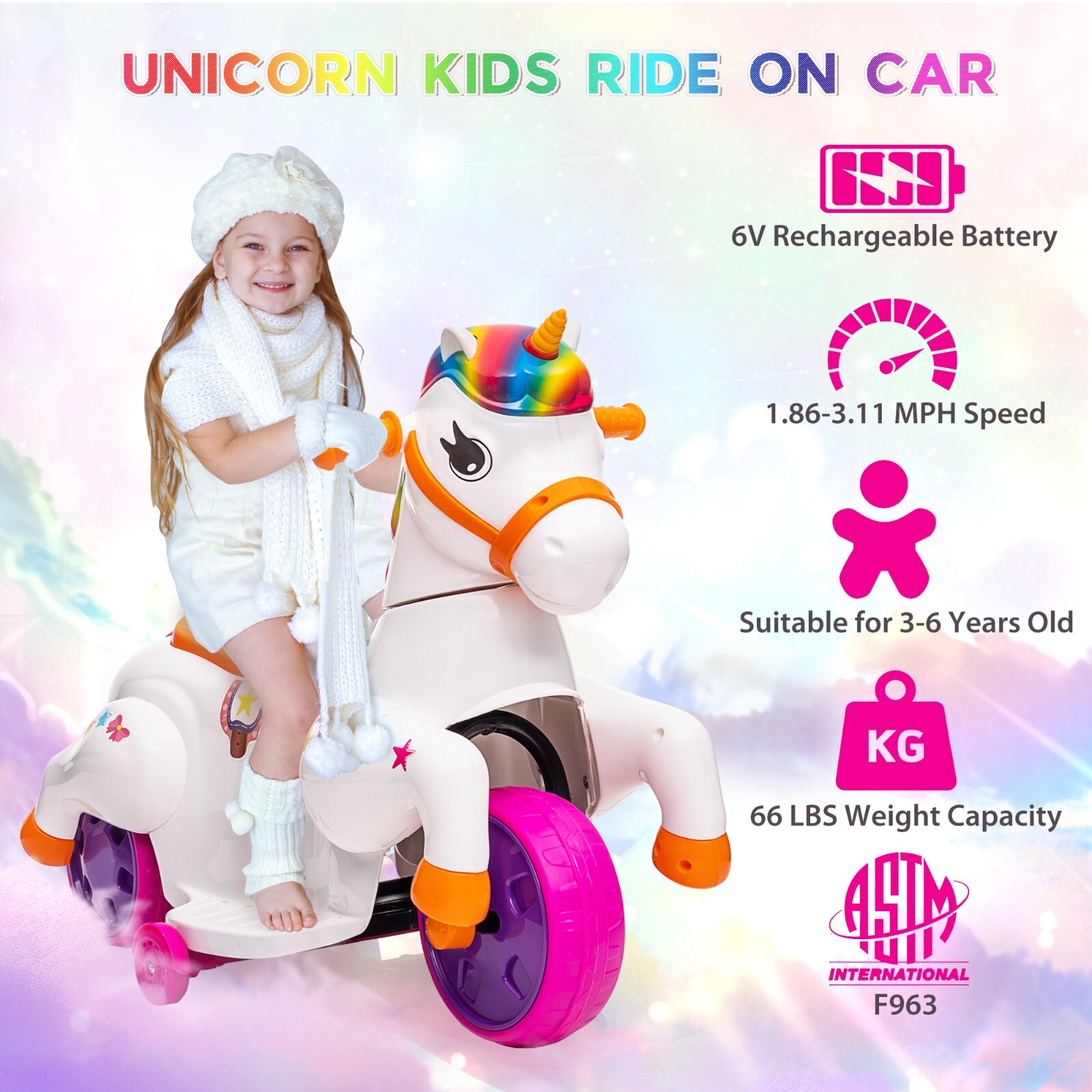 6V Electric Kids Ride On Toys Battery Powered Unicorn Cars for Toddlers w/ Music