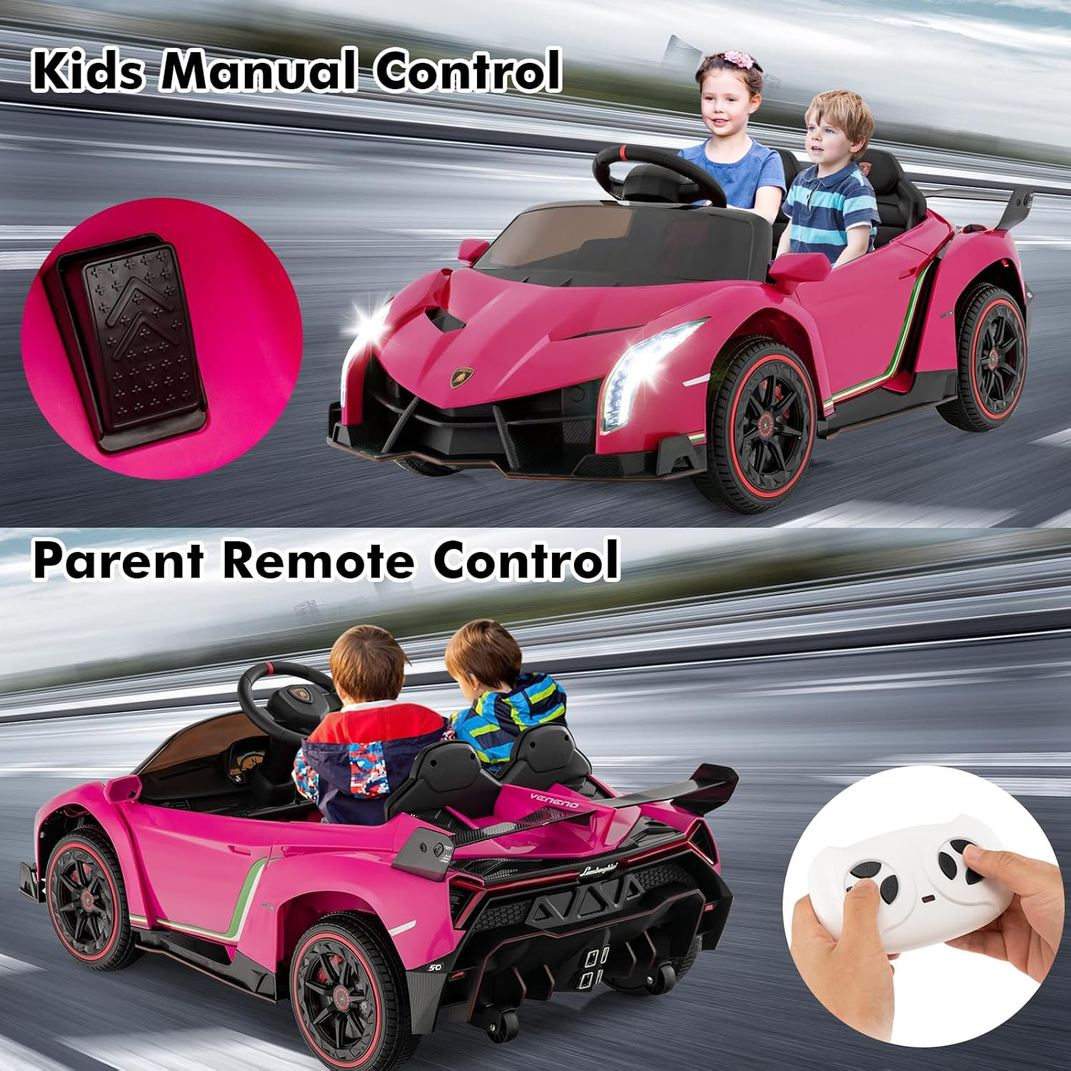 2 Seater Kids Ride on Car, 12V 4WD Licensed Lamborghini Veneno Powered Electric