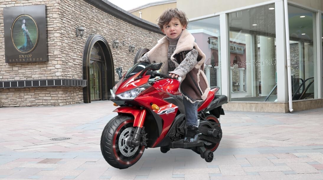 Kids Electric Motorcycle with Trainning Wheels for 3-8 Years Boys Girls,Red