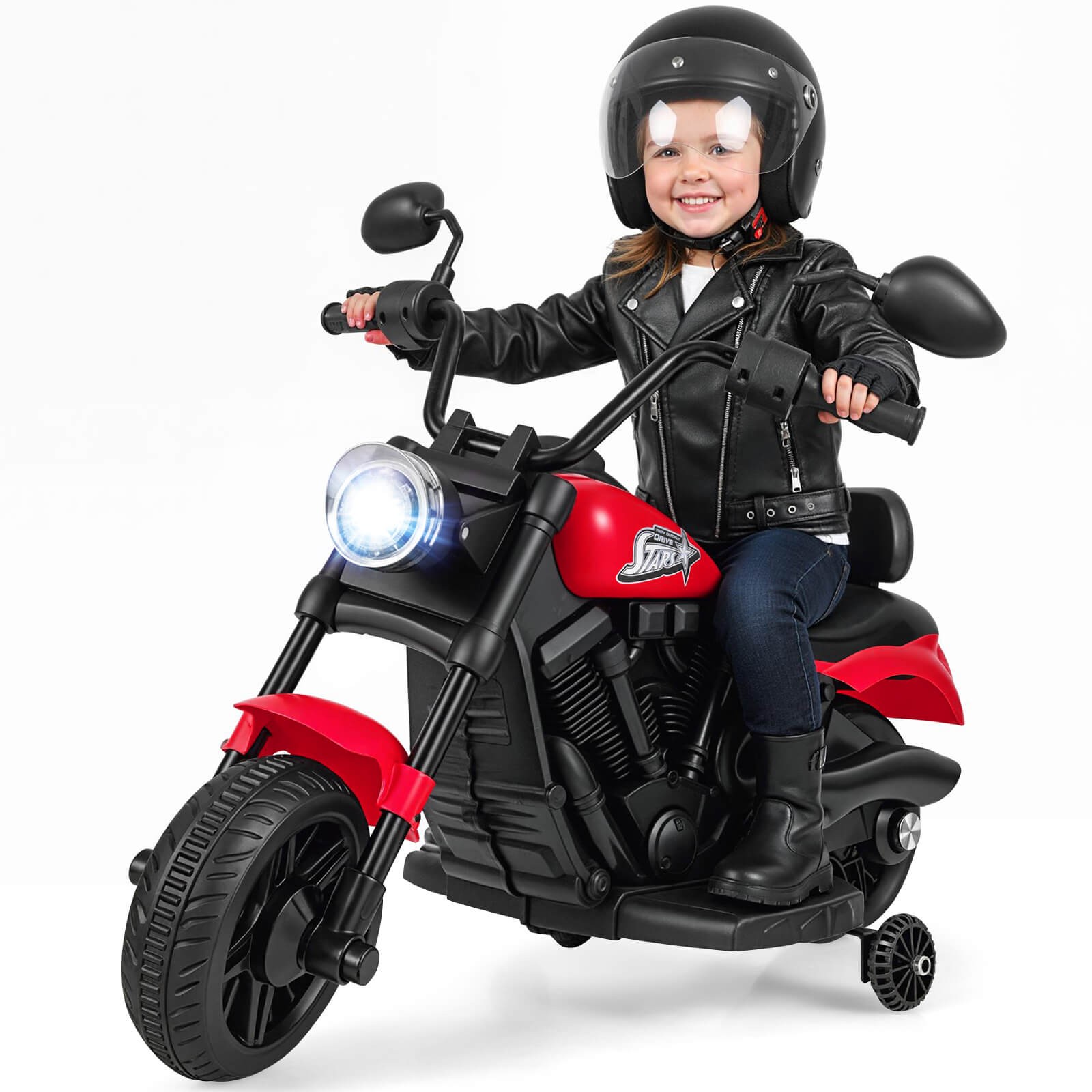 Kids Motorcycle w/Headlight, Music, Training Wheels, Foot Pedal for Boys Girls