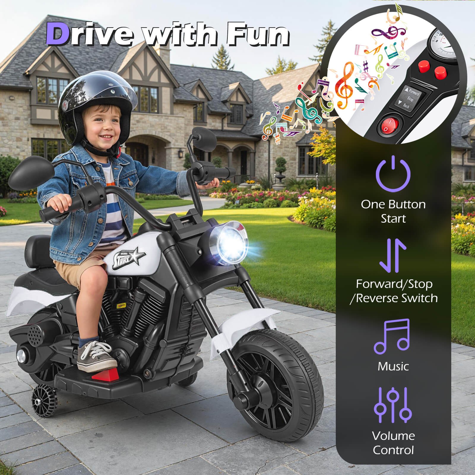 Kids Motorcycle w/Headlight, Music, Training Wheels, Foot Pedal for Boys Girls
