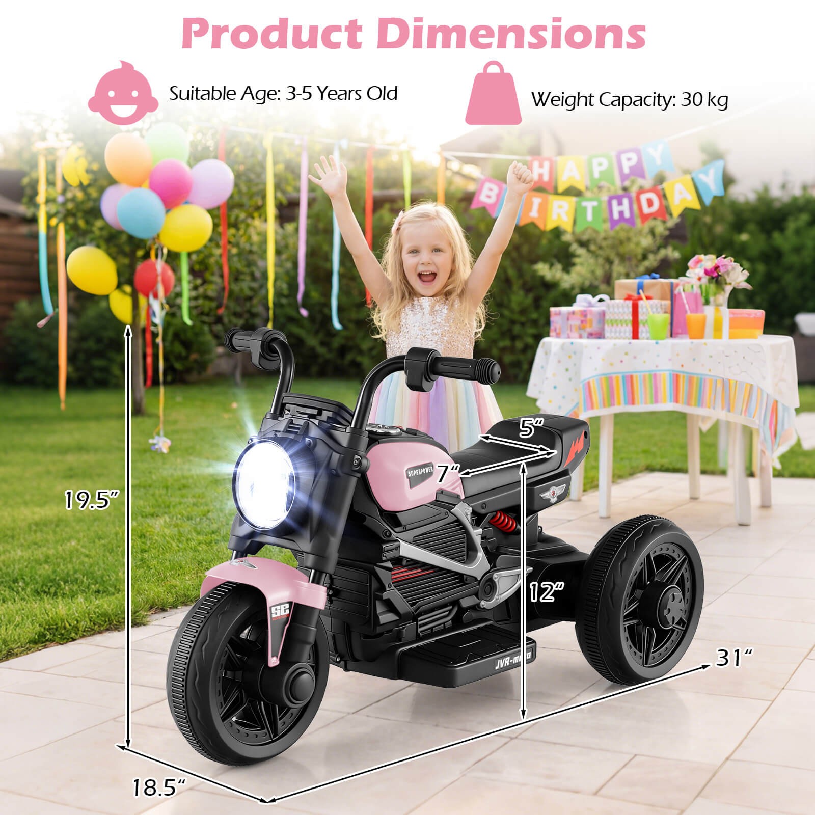 6V Kids Motorcycle w/Song,Story,LED Headlights,Accelerator Pedal & 3 Wheels,Pink