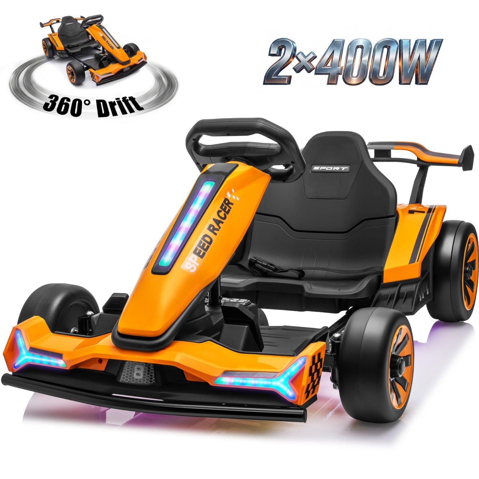 24V 10Ah Kids Drift Go Kart Dual Motor Adjustable Frame LED Underglow Lights