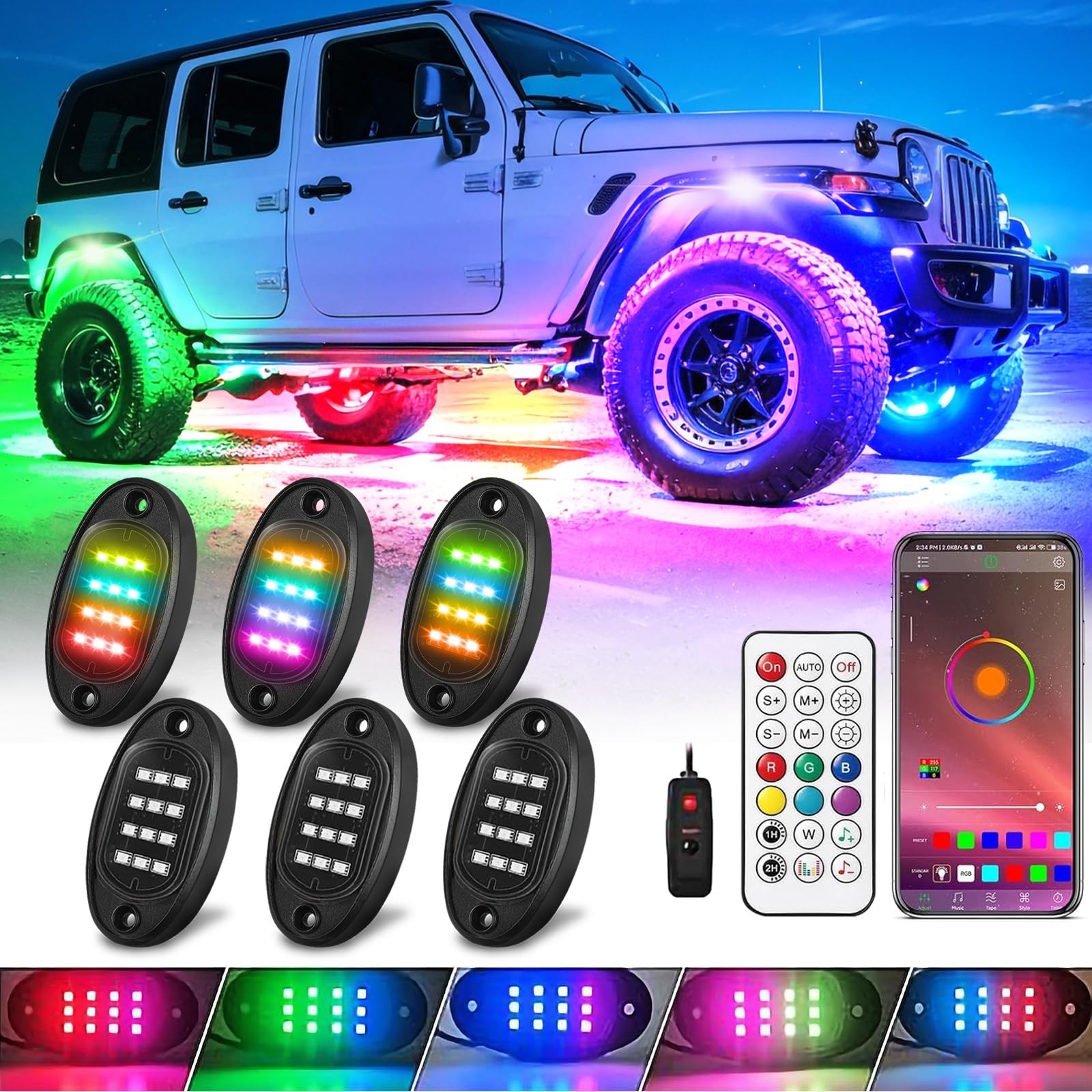 6 Pods RGB+IC LED Rock Lights for UTV ATV Golf Cart Truck SXS SUV RZR, Music …