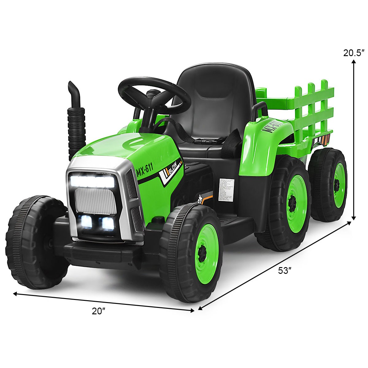 Honeyjoy 12V Kids Ride On Tractor with Trailer Ground Loader w/RC & Lights Green