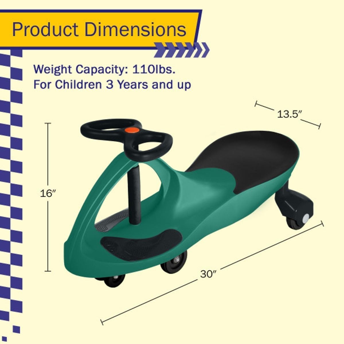 Safe Indoor/Outdoor Wiggle Car – 110lbs Capacity Kids Ride-On Toy, Green/Black