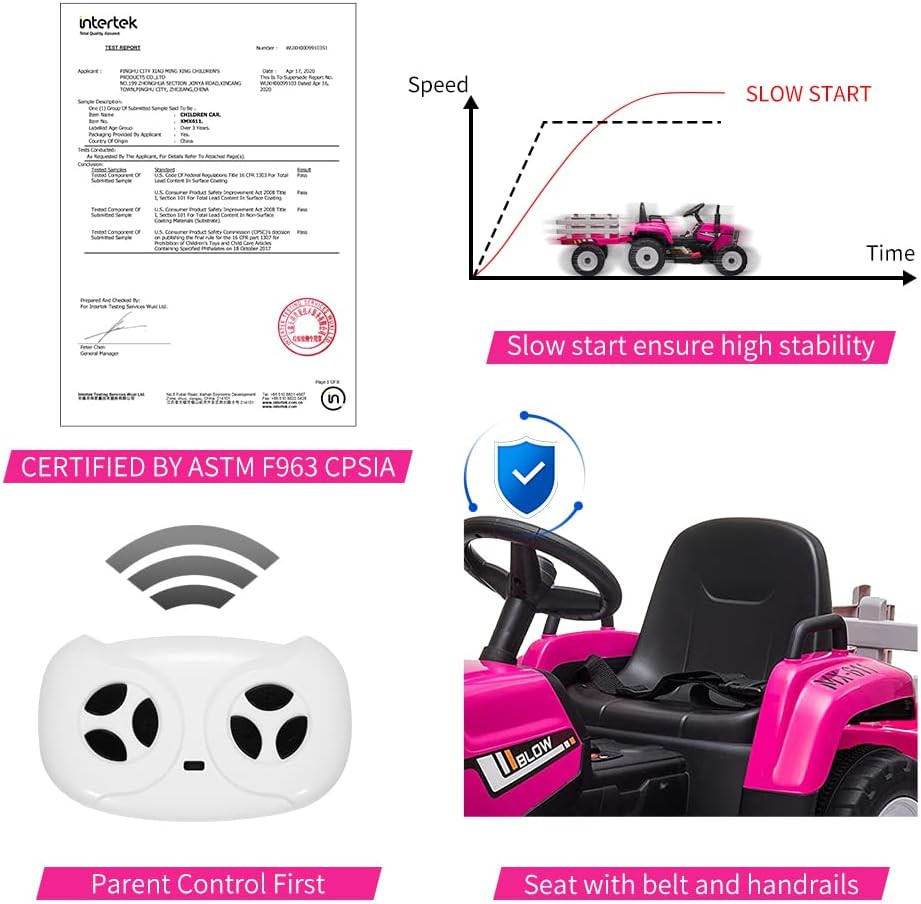 12V Kids Battery Powered Electric Tractor with Trailer, Toddler Ride on Car with